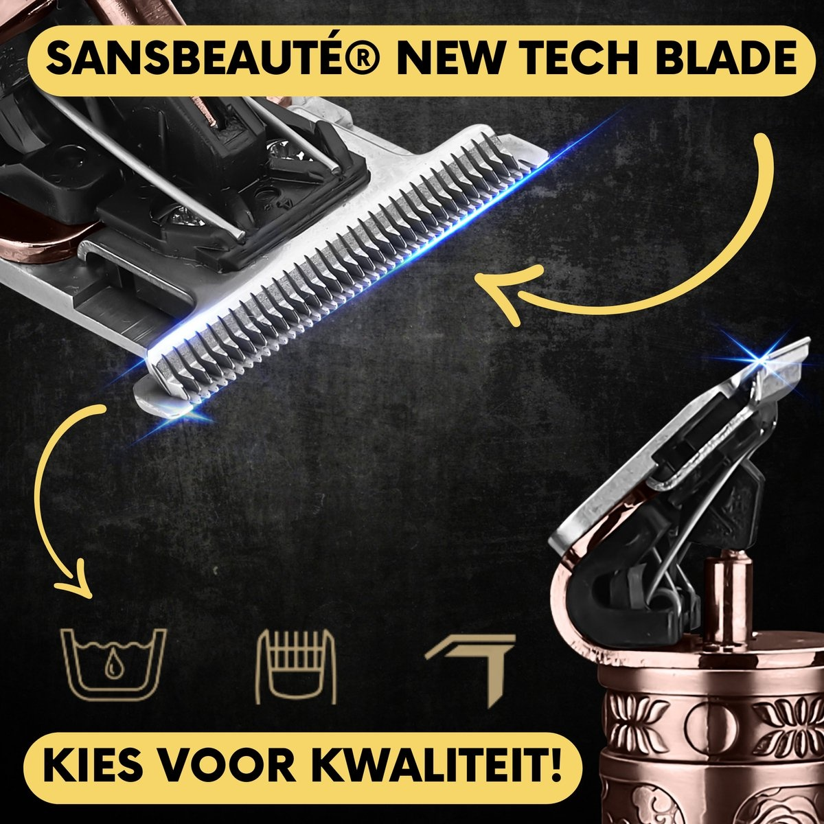 Nahaufnahme einer Haarschneidemaschinenklinge. Ein Diagramm zeigt, wie man sie reinigt.