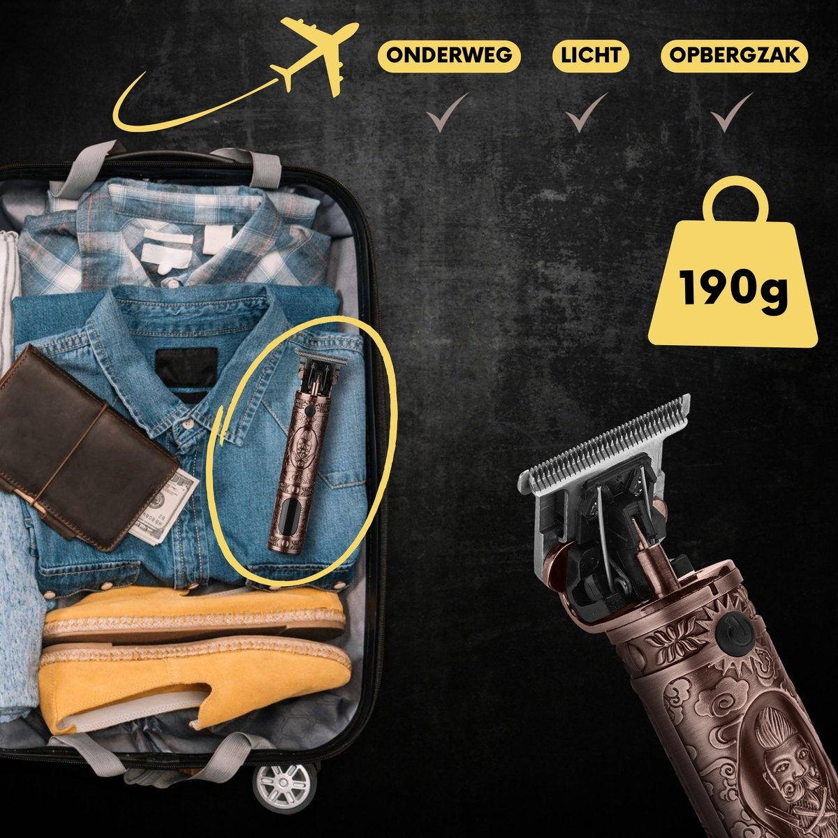 Ein offener Koffer mit einem Haarschneider darin. Der Text besagt, dass der Clipper leicht und einfach zu verstauen ist.