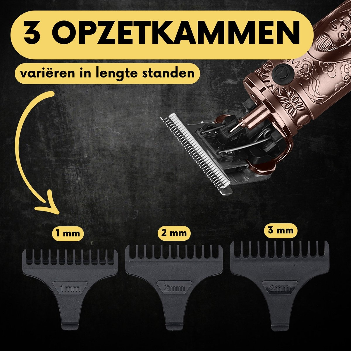 Haarschneider mit drei Kammaufsätzen, die verschiedene Längen zeigen.