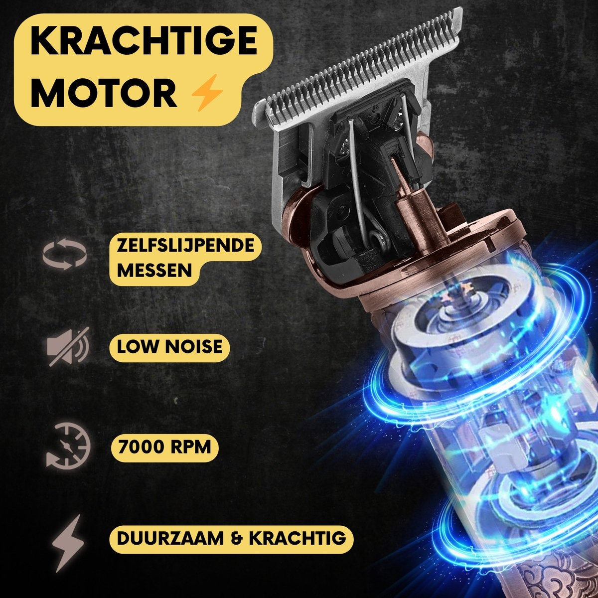Das Bild zeigt eine Nahaufnahme eines Trimmers mit starkem Motor. Es hebt selbstschärfende Klingen hervor.