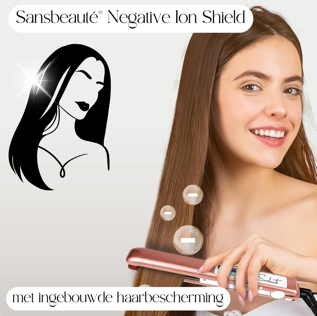 Vrouw houdt een stijltang vast. Links een silhouet van een vrouw met lang haar.
