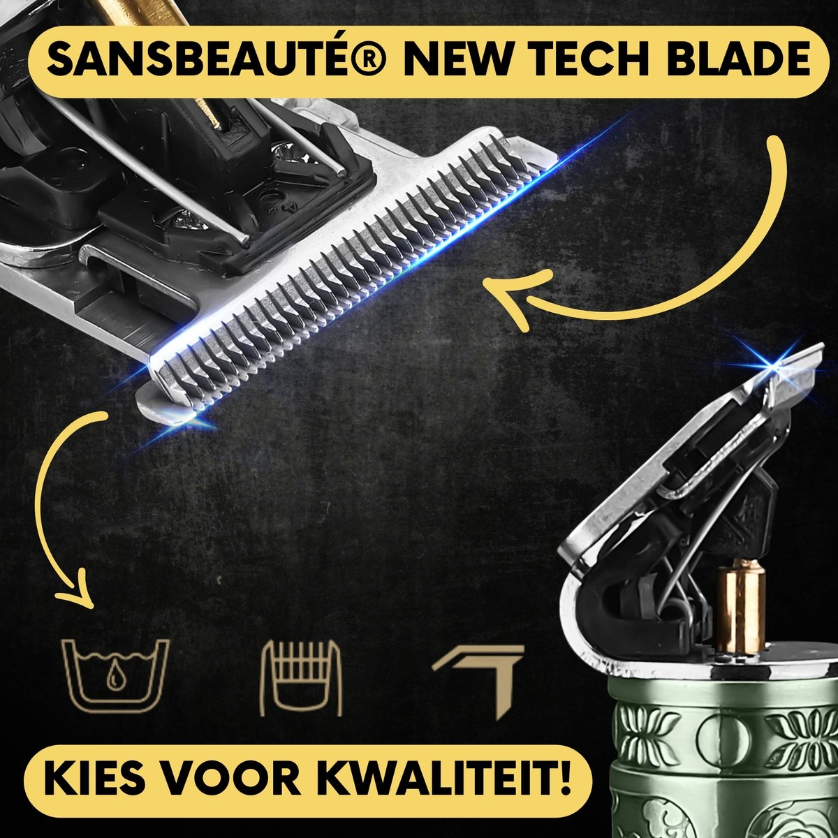 Nahaufnahme eines Haarschneidemaschinenmessers. Text sagt 'SANSBEAUTÉ® NEW TECH BLADE'. Pfeile zeigen Merkmale.