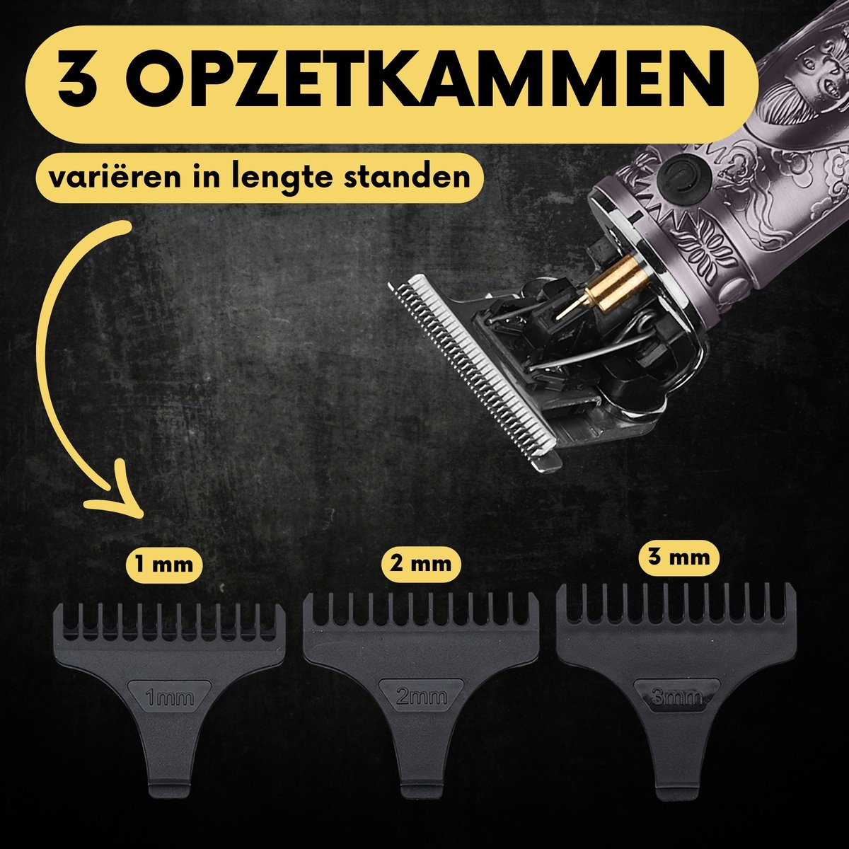 Haarschneider mit drei Aufsätzen (1 mm, 2 mm, 3 mm) auf schwarzem Hintergrund.