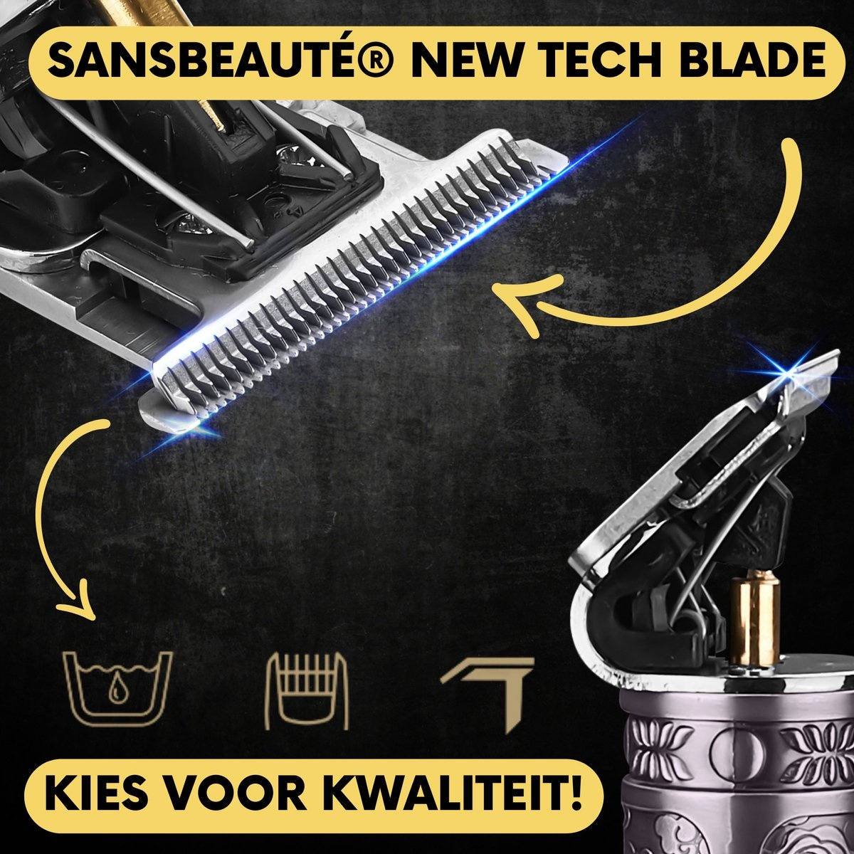 Nahaufnahme der elektrischen Rasiererklinge mit Text 'SANSBEAUTÉ® NEW TECH BLADE' und Wassertropfen-Symbolen.