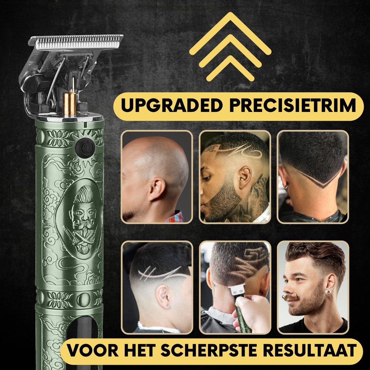 Grüner Haarschneider mit Beispielen für verschiedene Frisuren.