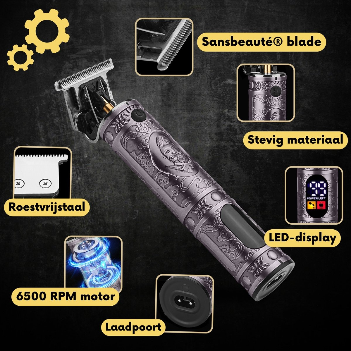 Detaillierte Ansicht eines gemusterten Trimmers. Es gibt ein LED-Display und weitere Details zum Trimmer.