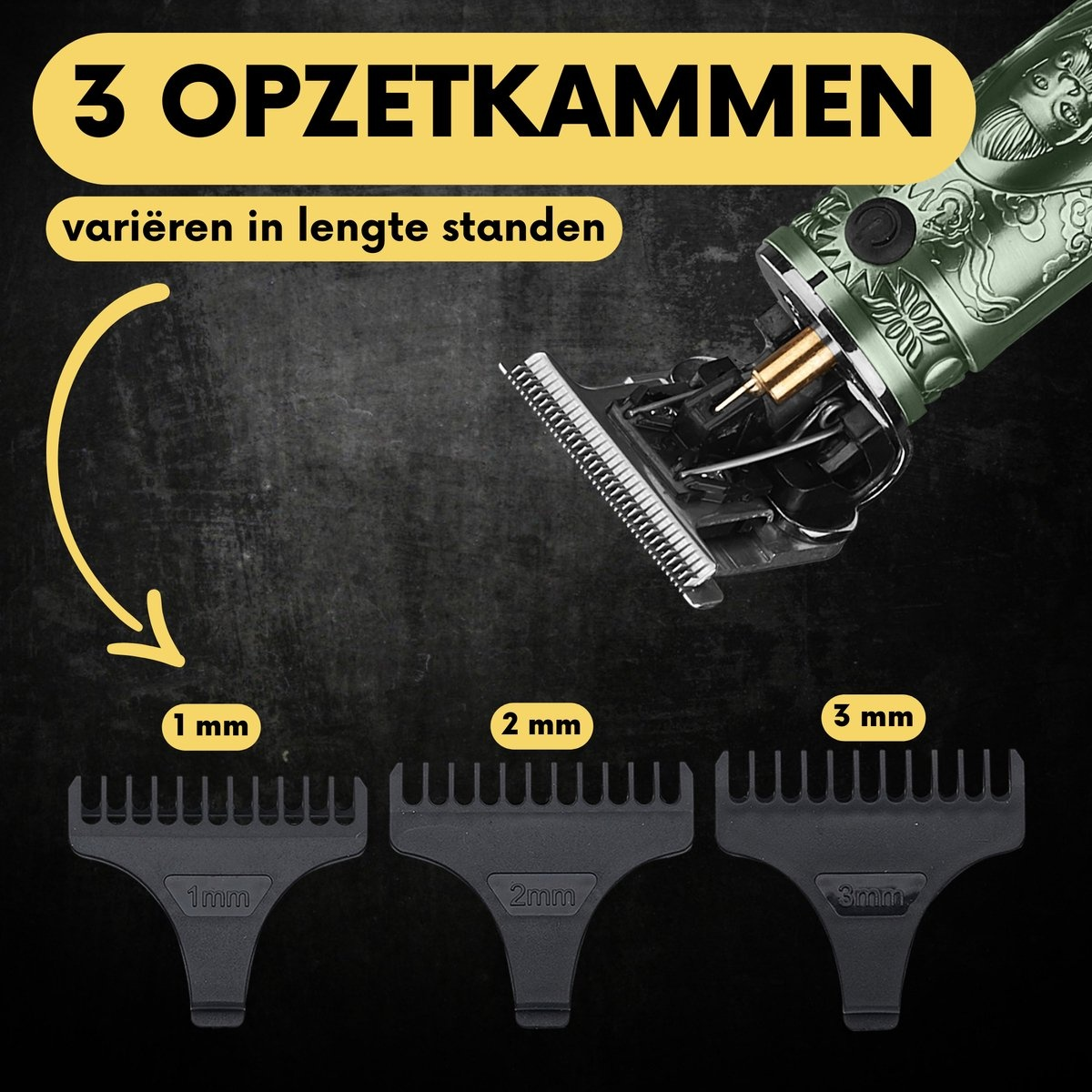 Haarschneider mit drei Aufsätzen: 1 mm, 2 mm und 3 mm.