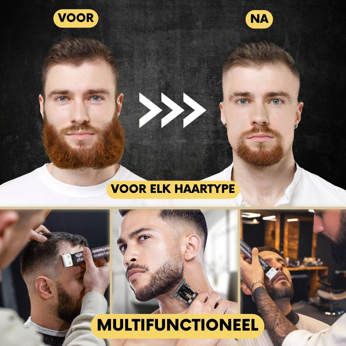 Vorher-Nachher-Bilder zeigen Männer mit Bärten. Darunter Männer, die ihre Bärte mit Scheren trimmen.