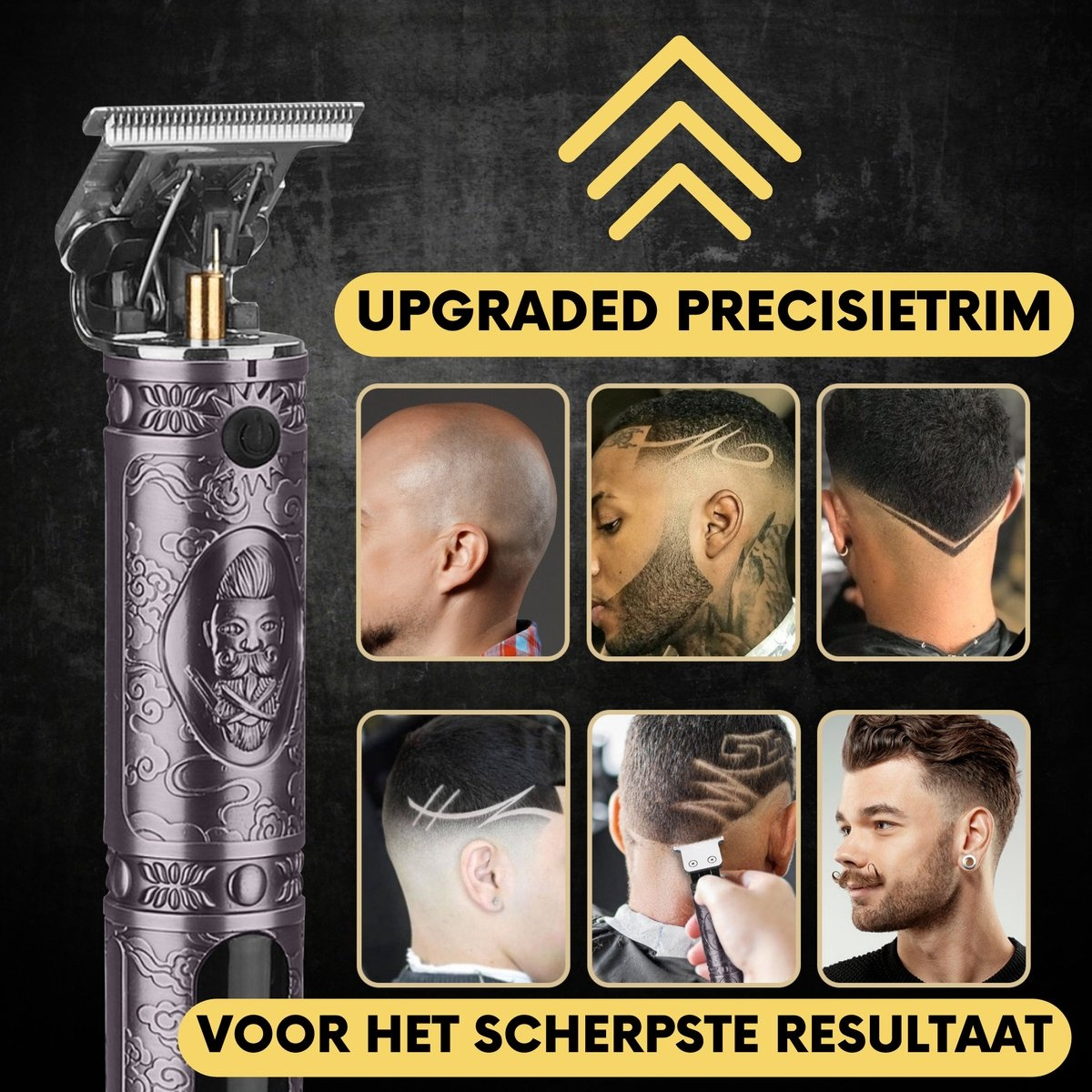 Ein Rasierer mit verschiedenen Haar-Design-Beispielen und Nahaufnahme der Klinge.