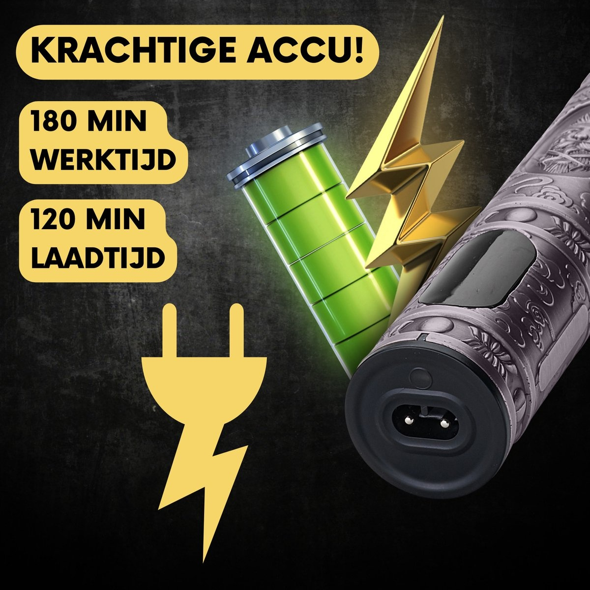 Ein schwarzer und silberner Rasierer neben einer grünen Batterie und einem Blitz, der Lade- und Laufzeit anzeigt.