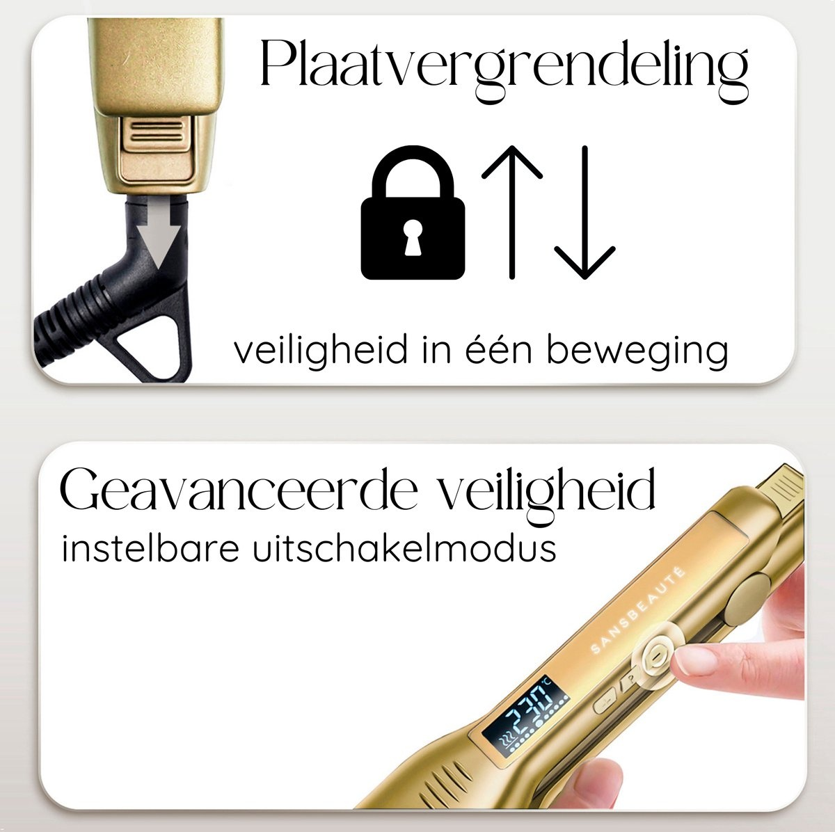 Afbeeldingen tonen de vergrendelingsfunctie op een stijltang en geavanceerde veiligheidsfuncties.