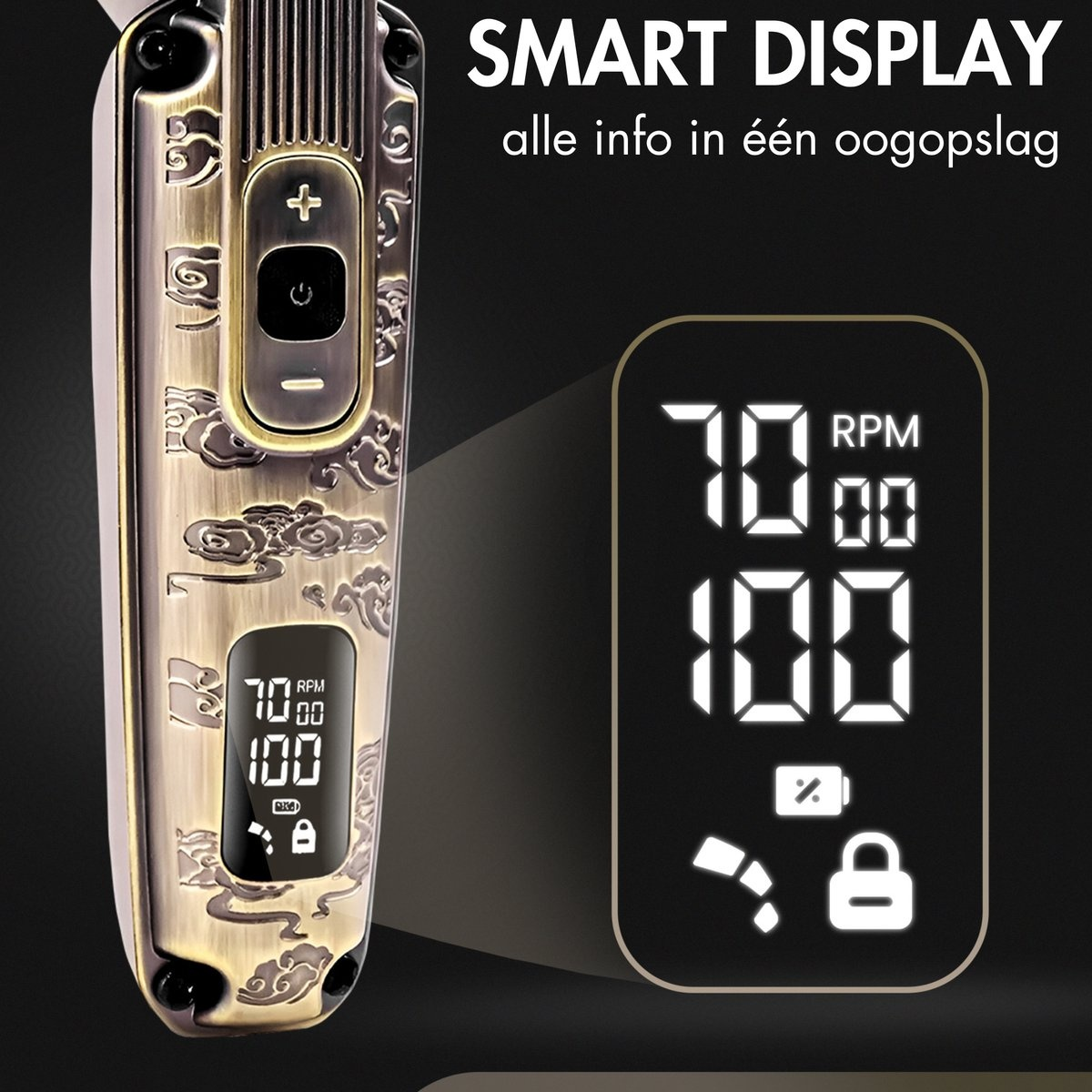 Een goud-bruine trimmer met een smart display dat RPM, batterij en vergrendeling weergeeft.