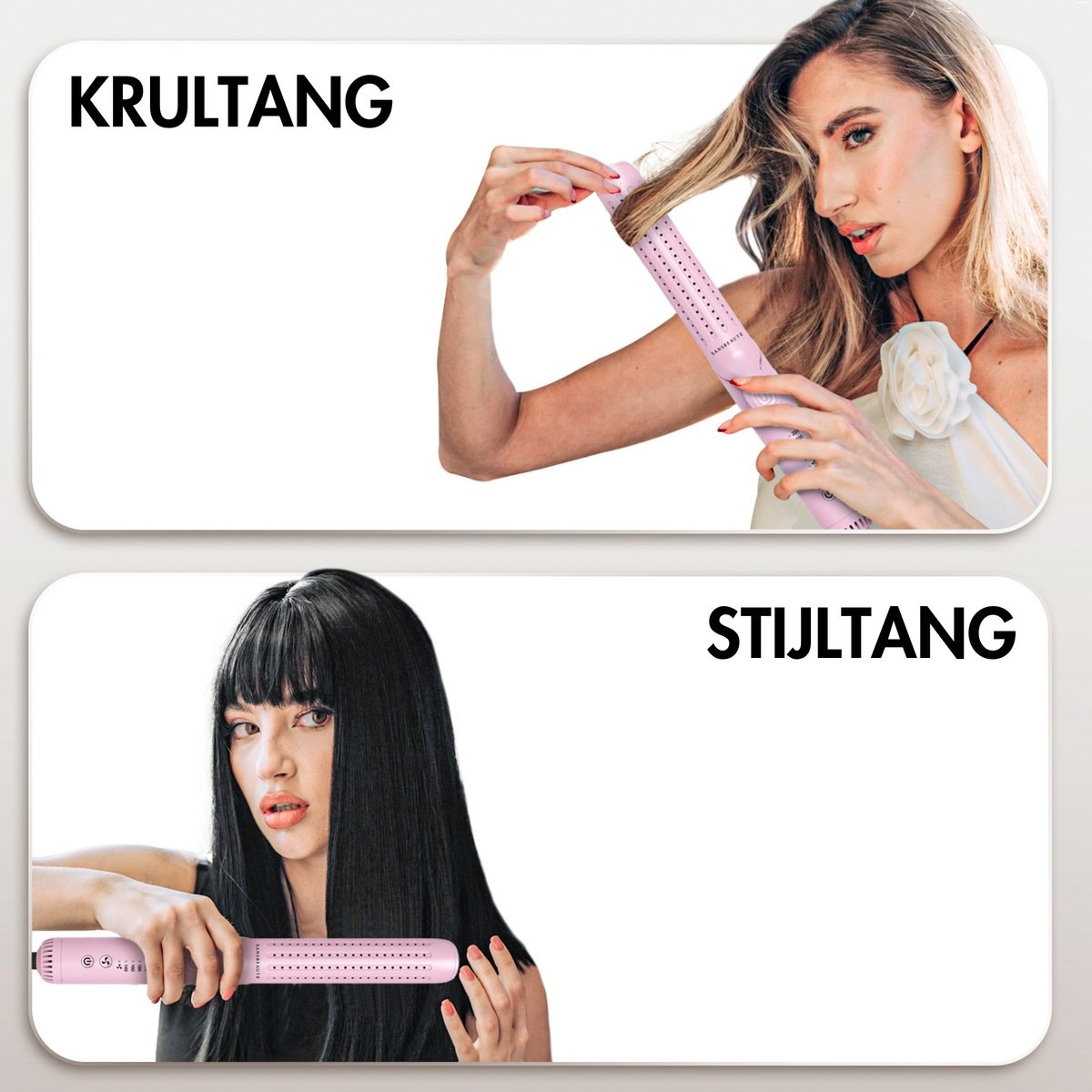 Woman using curling iron and straightener. Labels: KRULTANG (curling iron) and STIJLTANG (straightener).