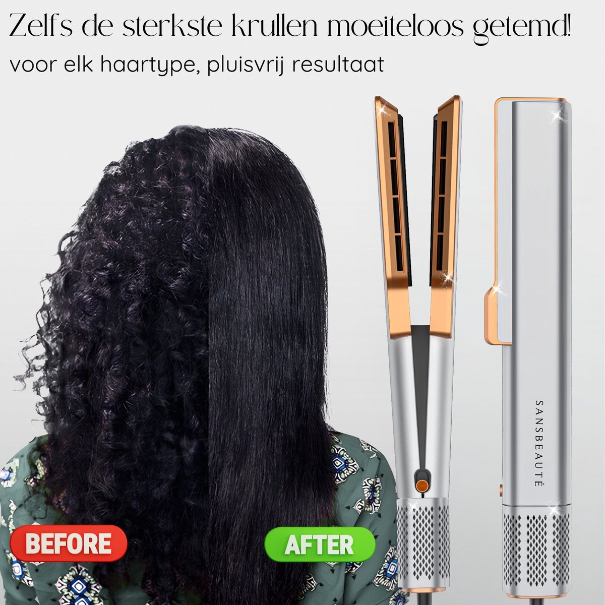 Eine Frau mit lockigem Haar vor und nach dem Glätten mit einem silber-goldenen Haarglätter.