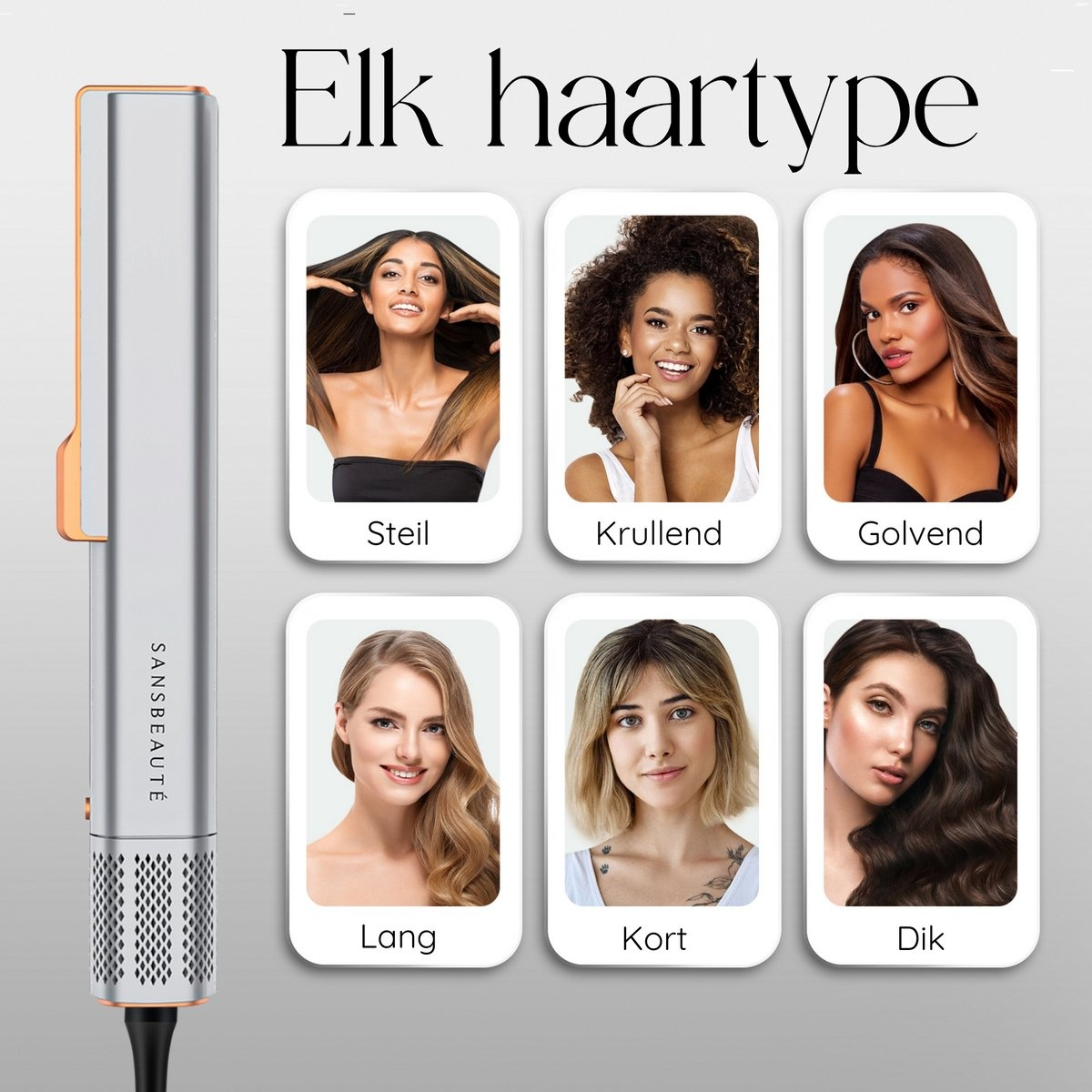 Ein Haarstyler mit verschiedenen Haartypen von Frauen: glatt, lockig, wellig, lang, kurz und dick.