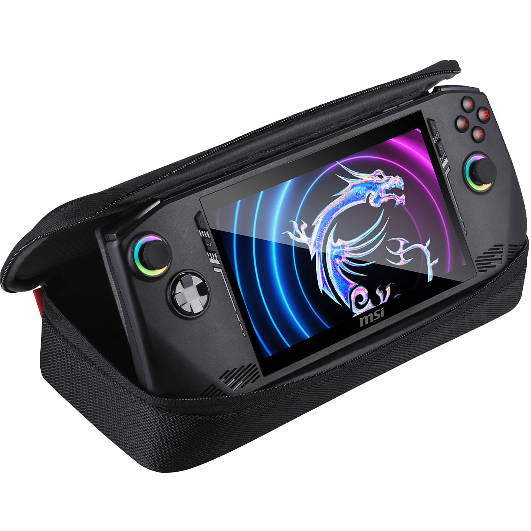 Console di gioco portatile MSI nera in custodia nera. Il display mostra un logo drago. I pulsanti sono rossi, blu e arcobaleno.