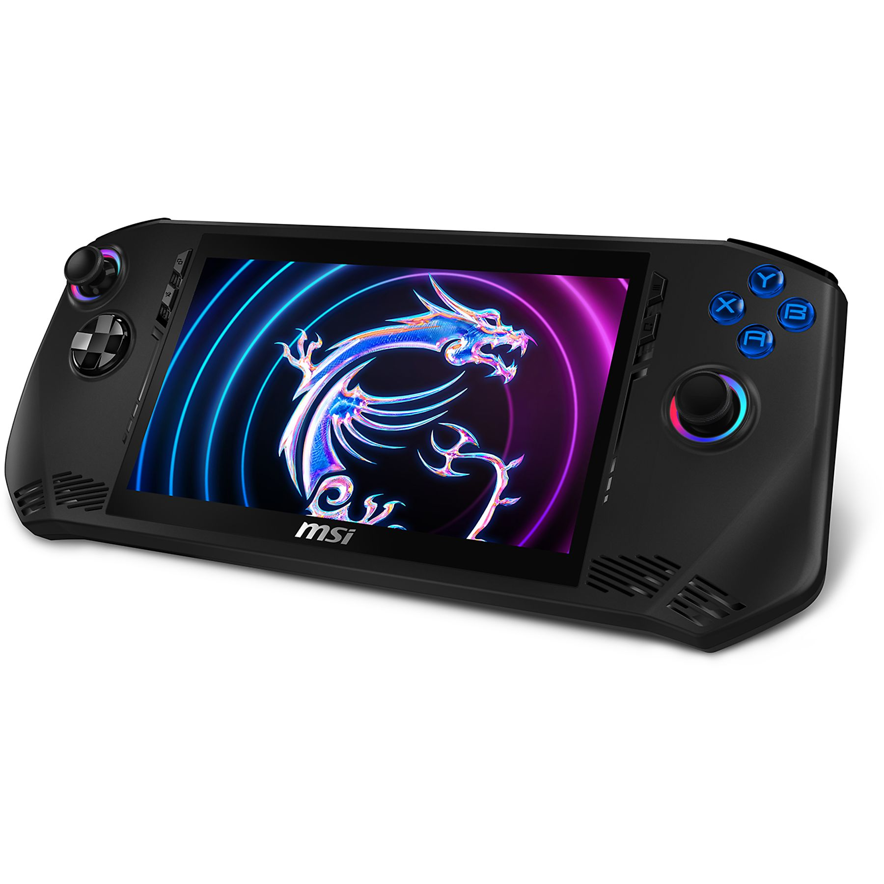 Dispositivo portatile da gioco nero con schermo, pulsanti e joystick. Sfondo bianco.