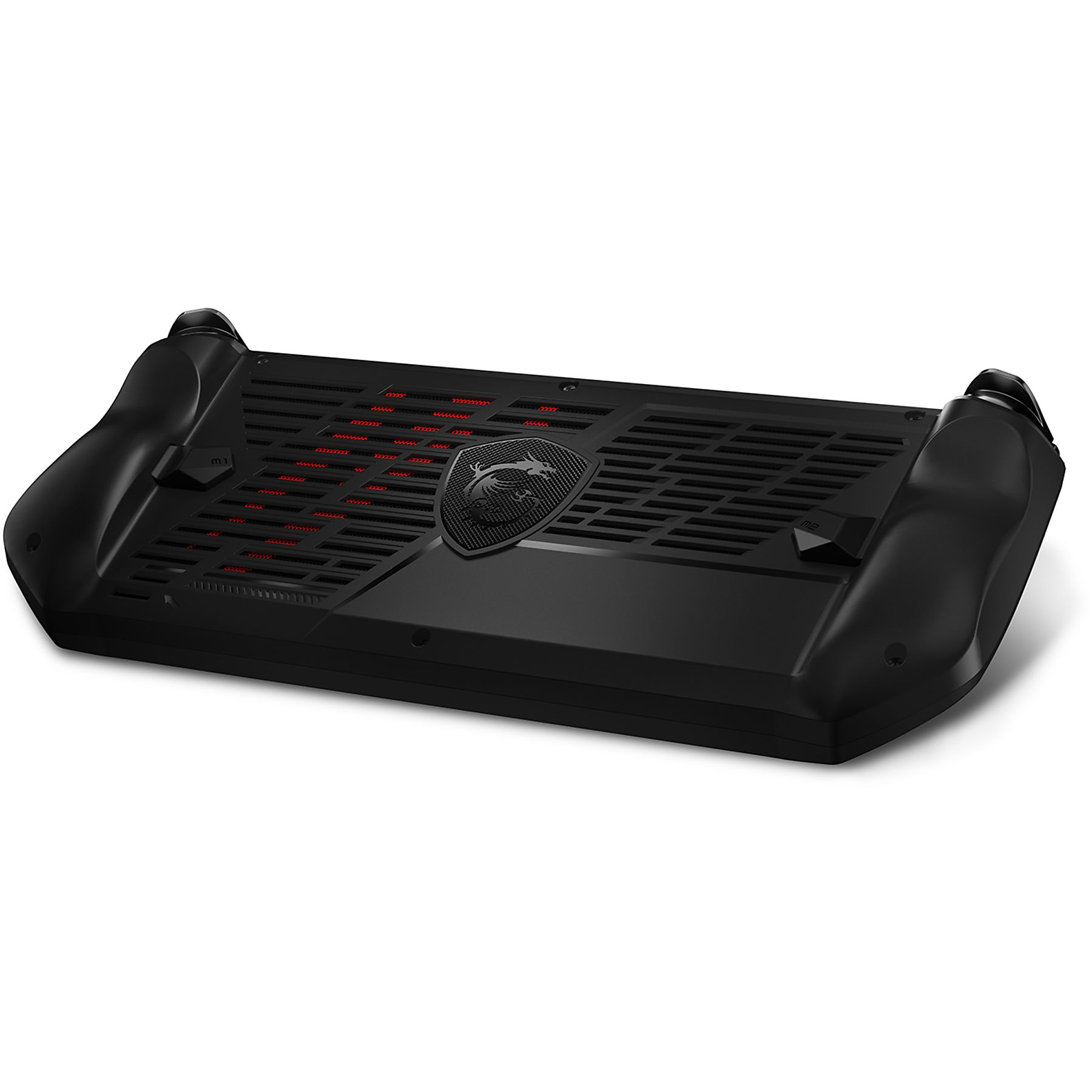 Base di raffreddamento per laptop nera con dettagli rossi e logo MSI. Superficie strutturata e due maniglie ergonomiche.