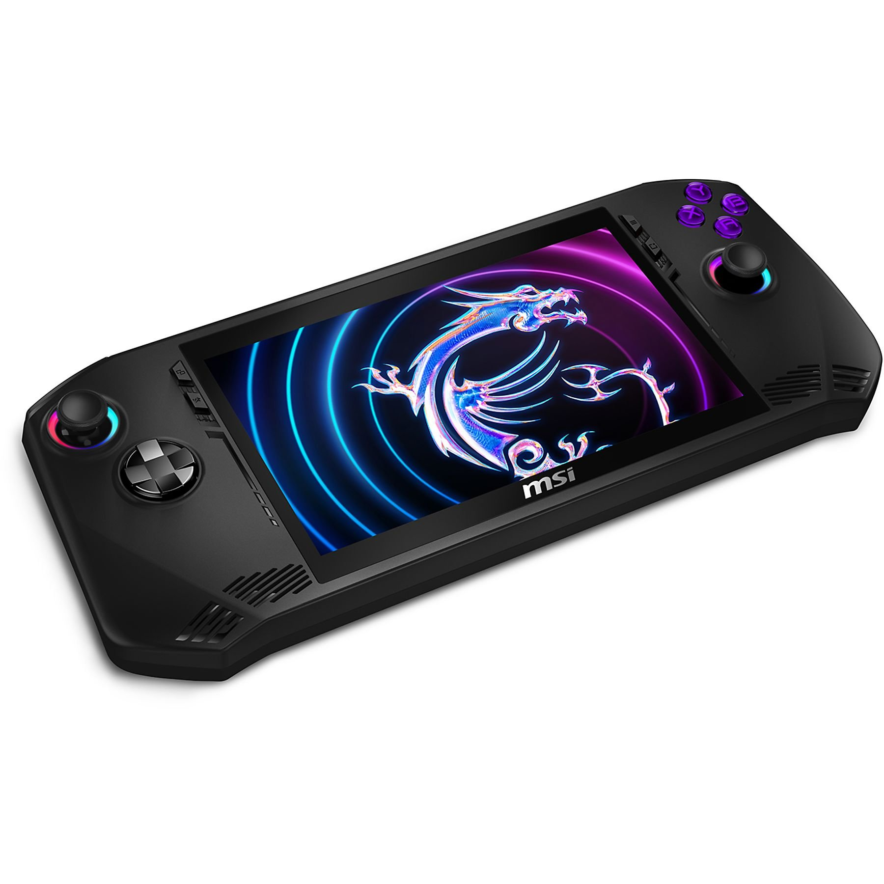Dispositivo di gioco portatile nero con schermo con drago e pulsanti di controllo.