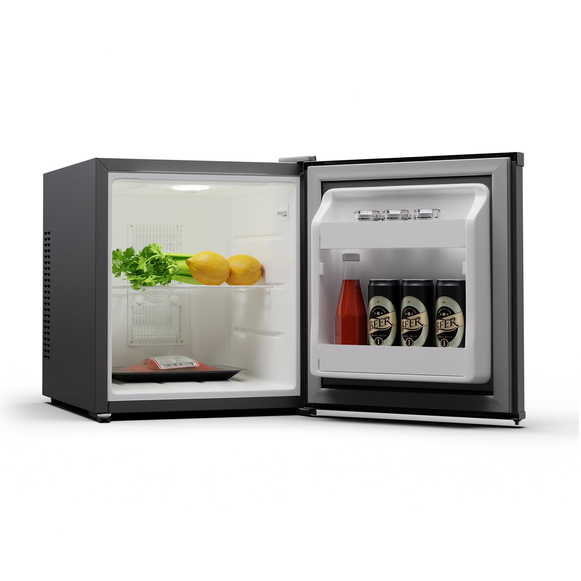 Pequeño refrigerador negro con puerta abierta. En el interior hay alimentos y bebidas.