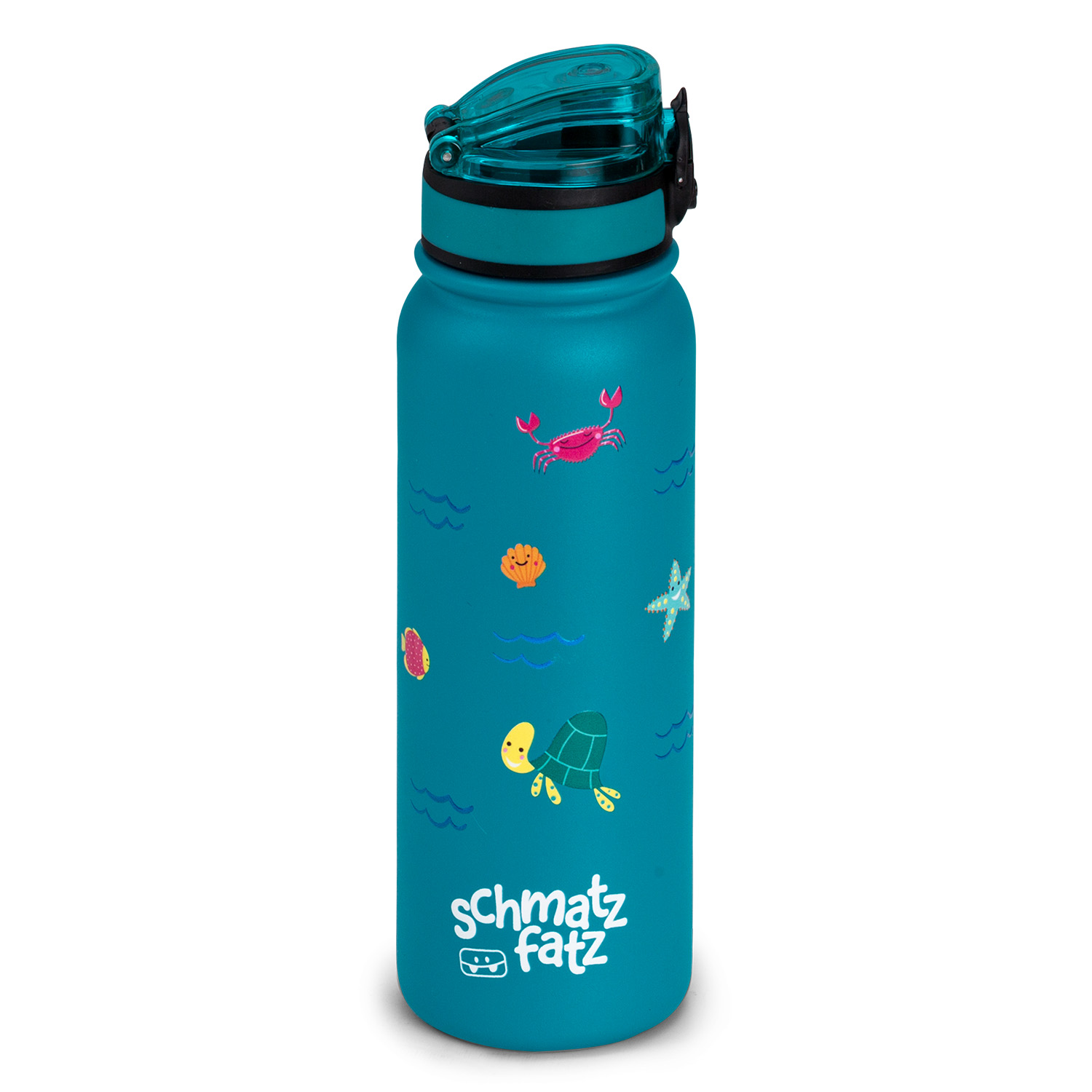 Una borraccia blu con illustrazioni a tema marino, tra cui un granchio, una tartaruga e una stella marina. Ha un tappo nero.