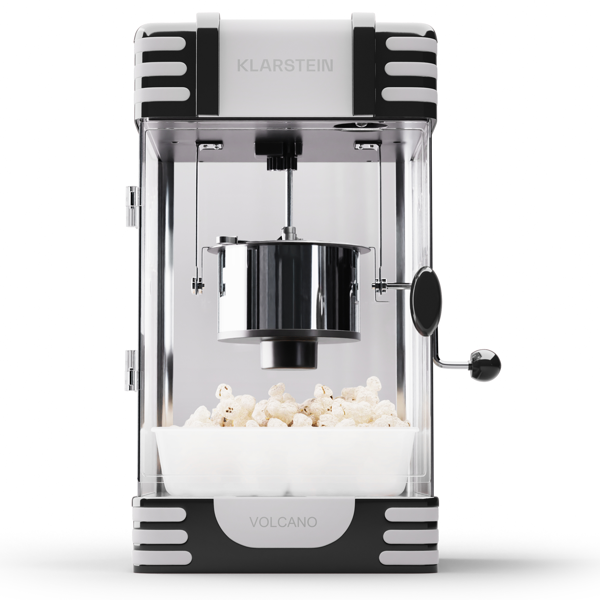 Eine Popcornmaschine mit einer weißen Schüssel Popcorn im Inneren und einem schwarz-weißen Äußeren.