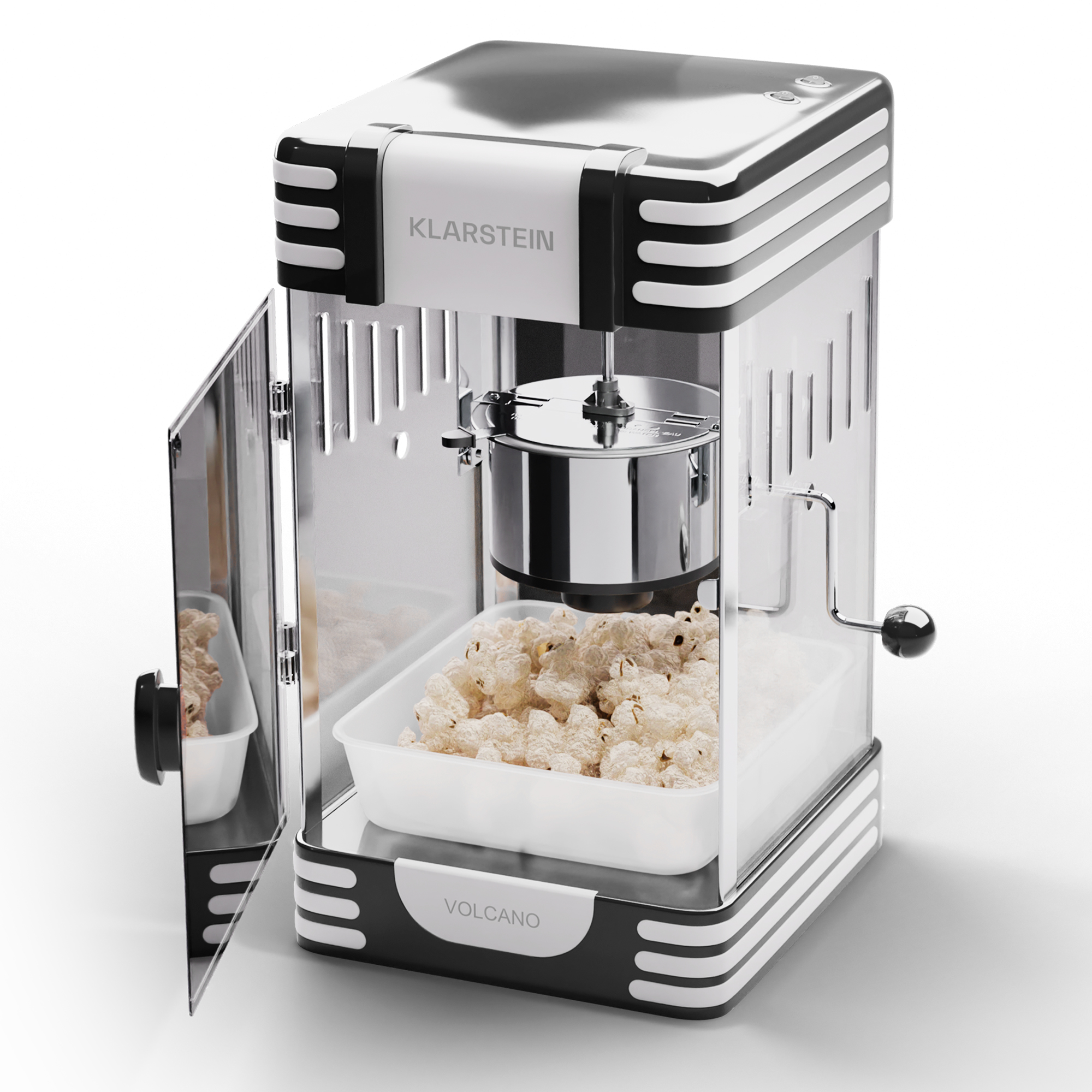 Eine Popcornmaschine mit offener Tür, gefüllt mit Popcorn. Weißer Hintergrund.