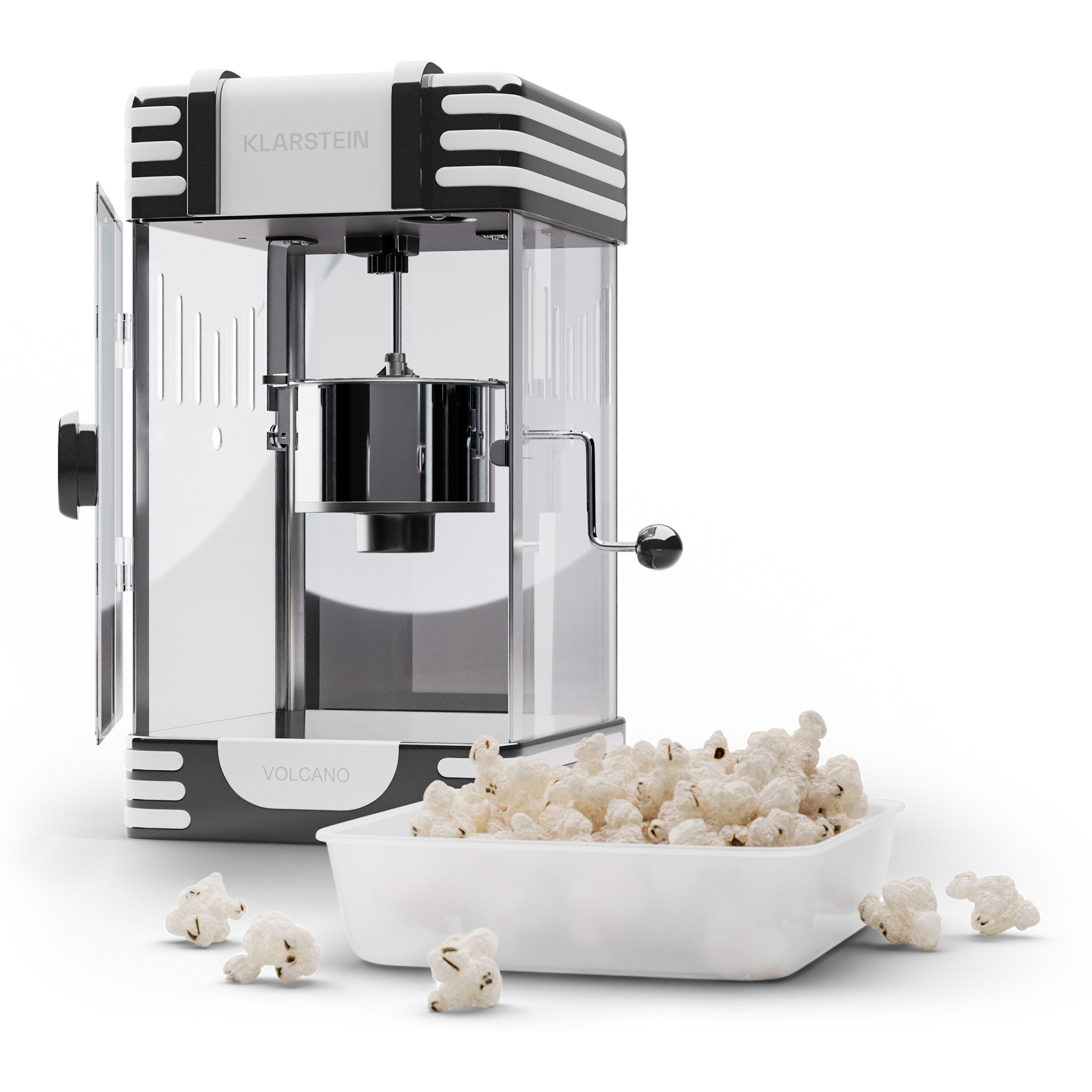 Popcornmaschine mit Schüssel Popcorn. Die Maschine ist weiß und schwarz.