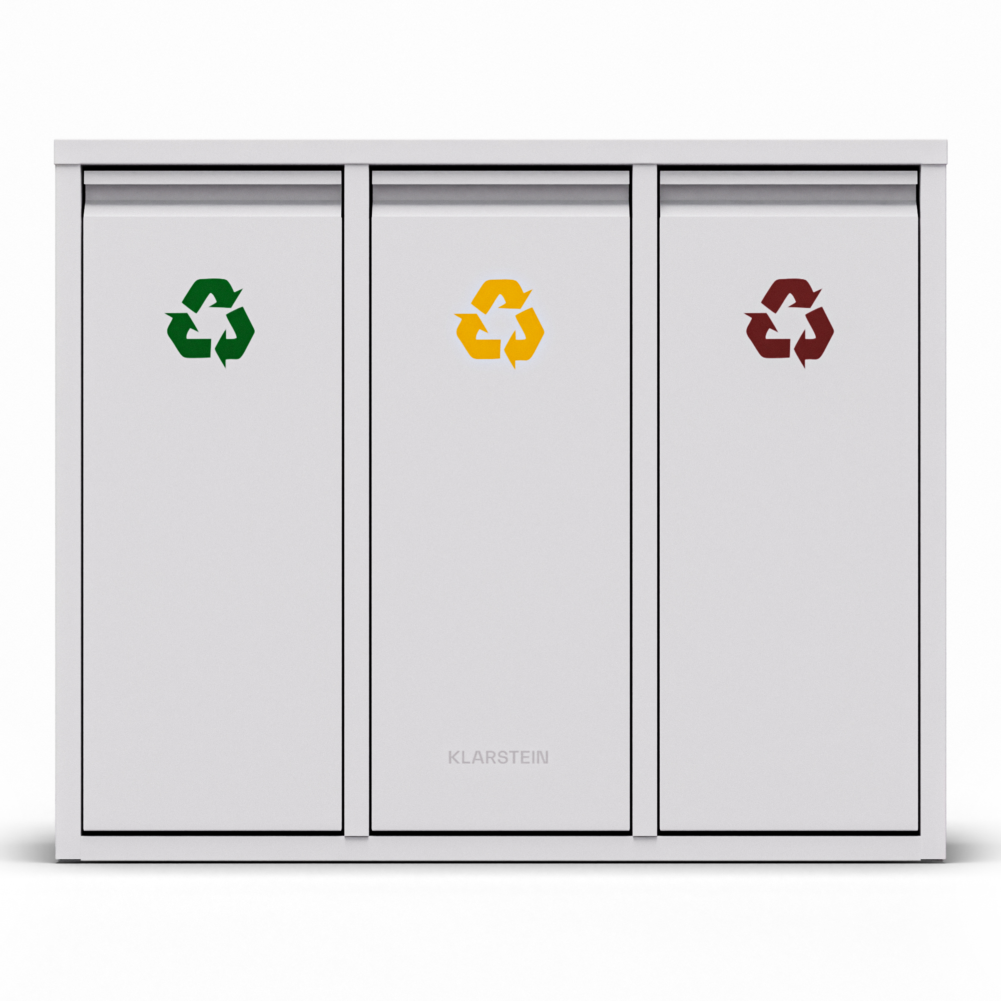 Un bidone per la raccolta differenziata bianco con tre scomparti, ognuno con un simbolo di riciclaggio di colore diverso.