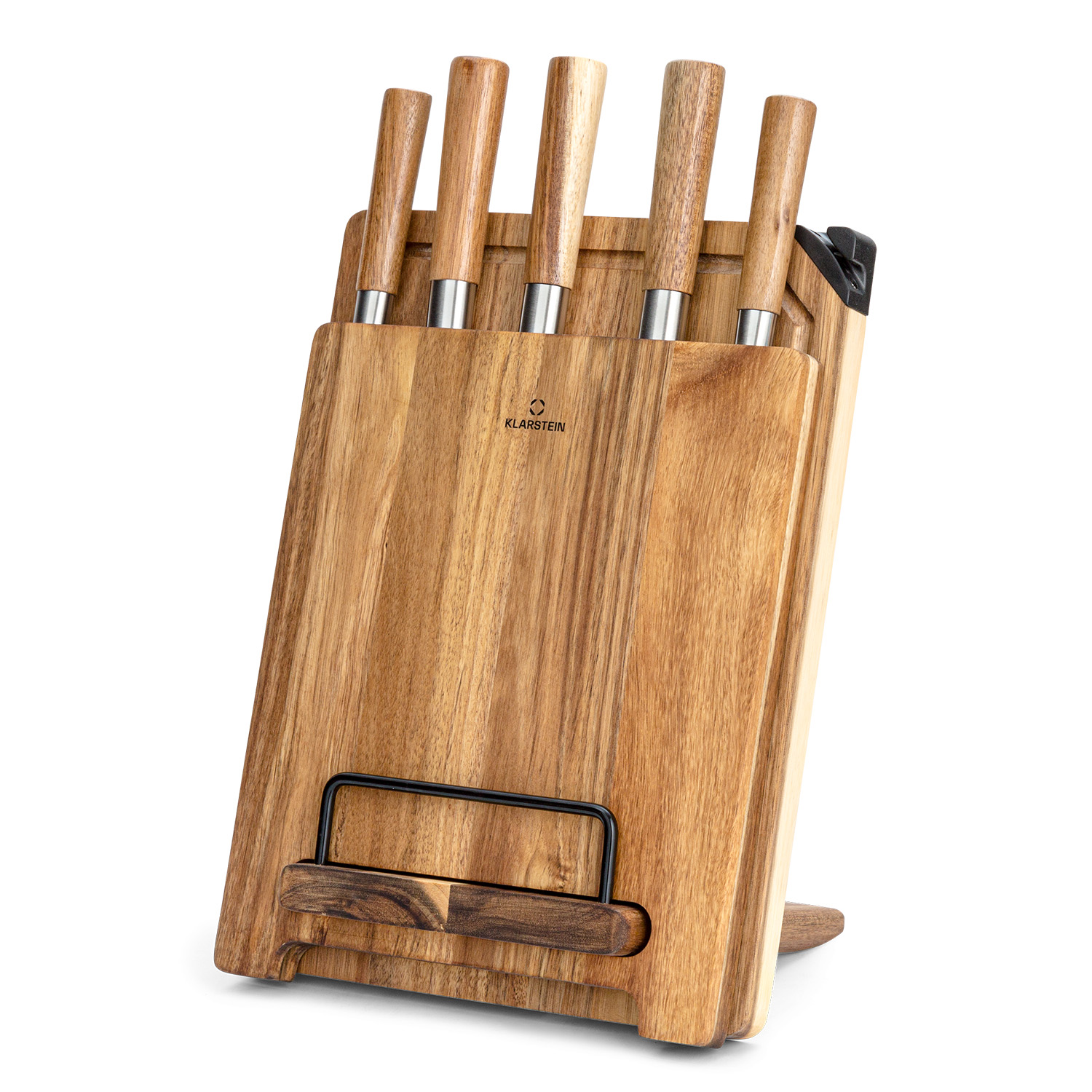 Messerblock aus Holz mit Messern. Messer haben Holzgriffe und silberne Klingen. Klarstein-Logo sichtbar.