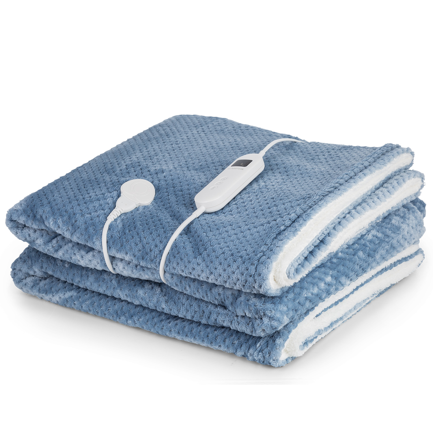 Una coperta elettrica blu piegata, con un'unità di controllo bianca e uno sfondo bianco.