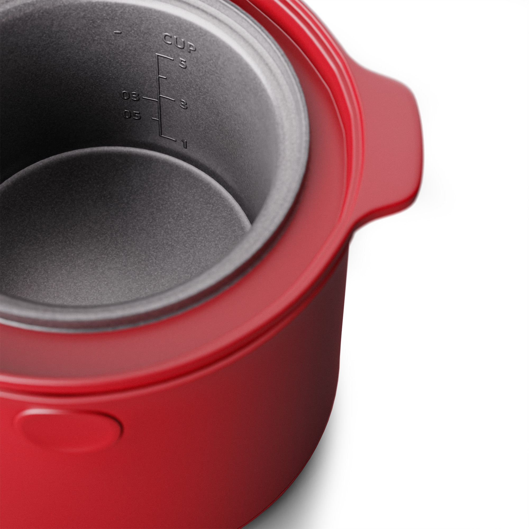 Roter Slow Cooker mit grauem Innenraum und Bechermarkierungen.