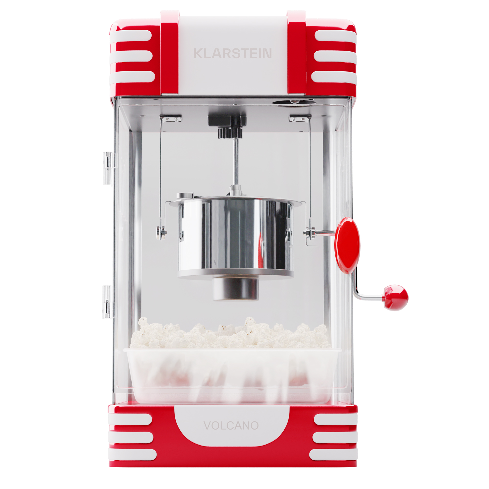Roter und weißer Popcorn-Maker. Eine transparente Kunststofffront zeigt das Innere und Popcorn. Weißer Hintergrund.
