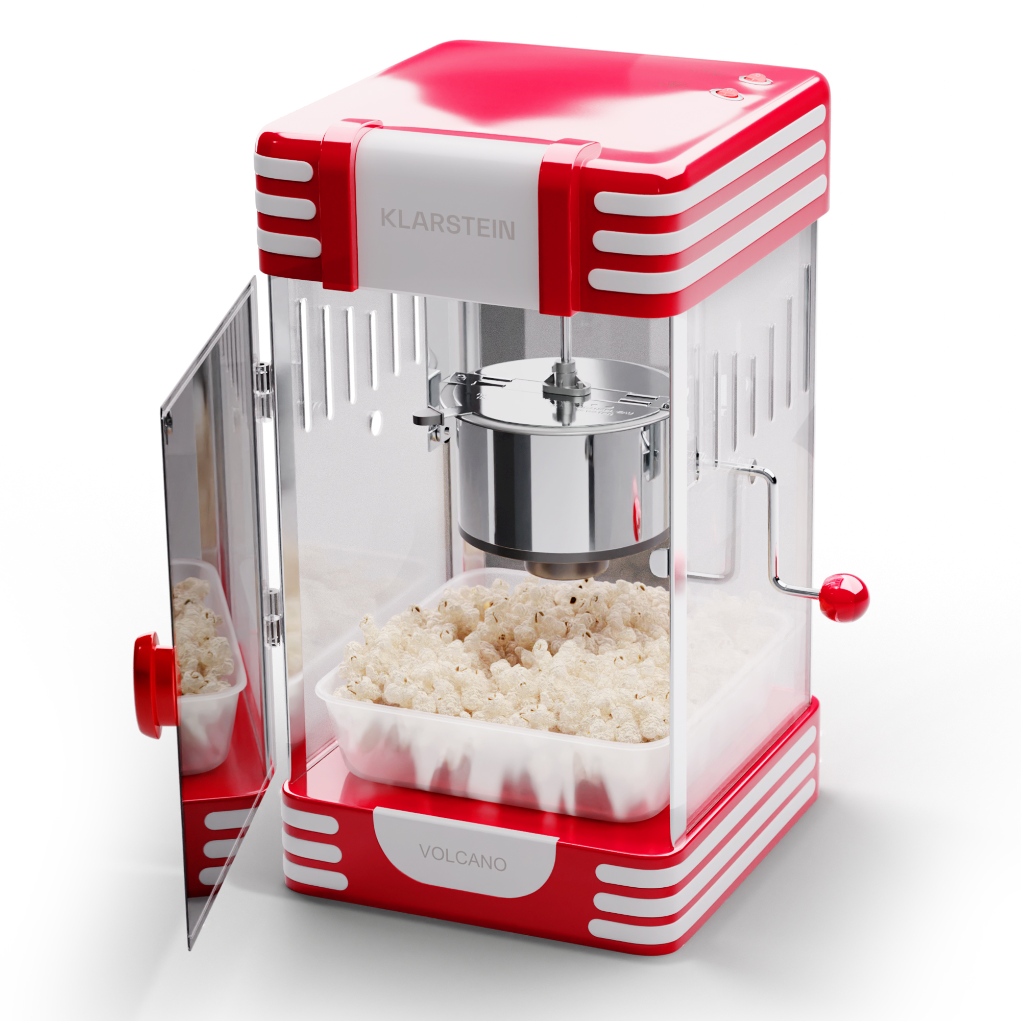 Eine rot-weiße Retro-Popcornmaschine mit offener Tür und Popcorn. Auf weißem Hintergrund.