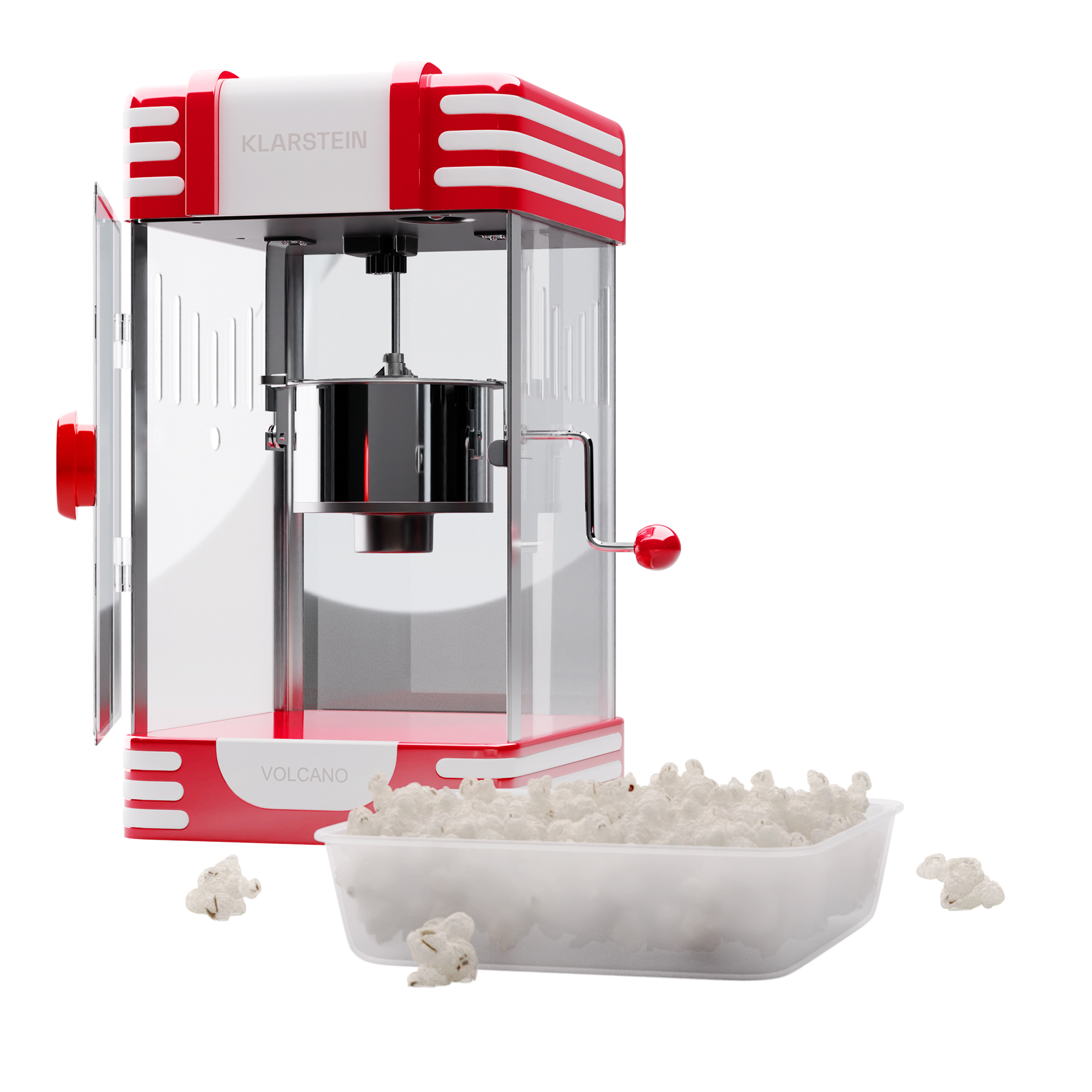 Rote und weiße Popcornmaschine mit einer Schüssel Popcorn.