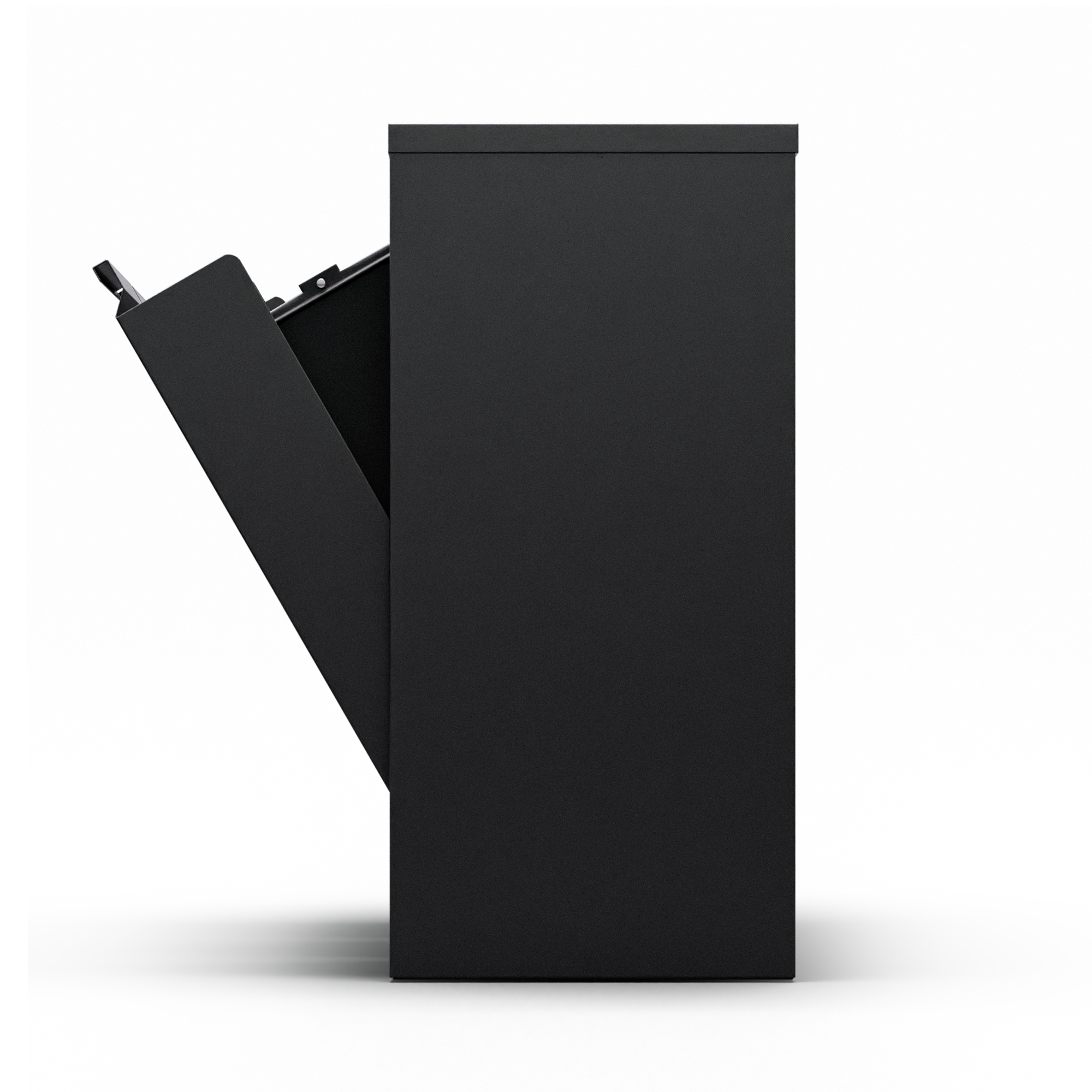 Un armadio nero con la porta parzialmente aperta, che rivela un interno scuro.