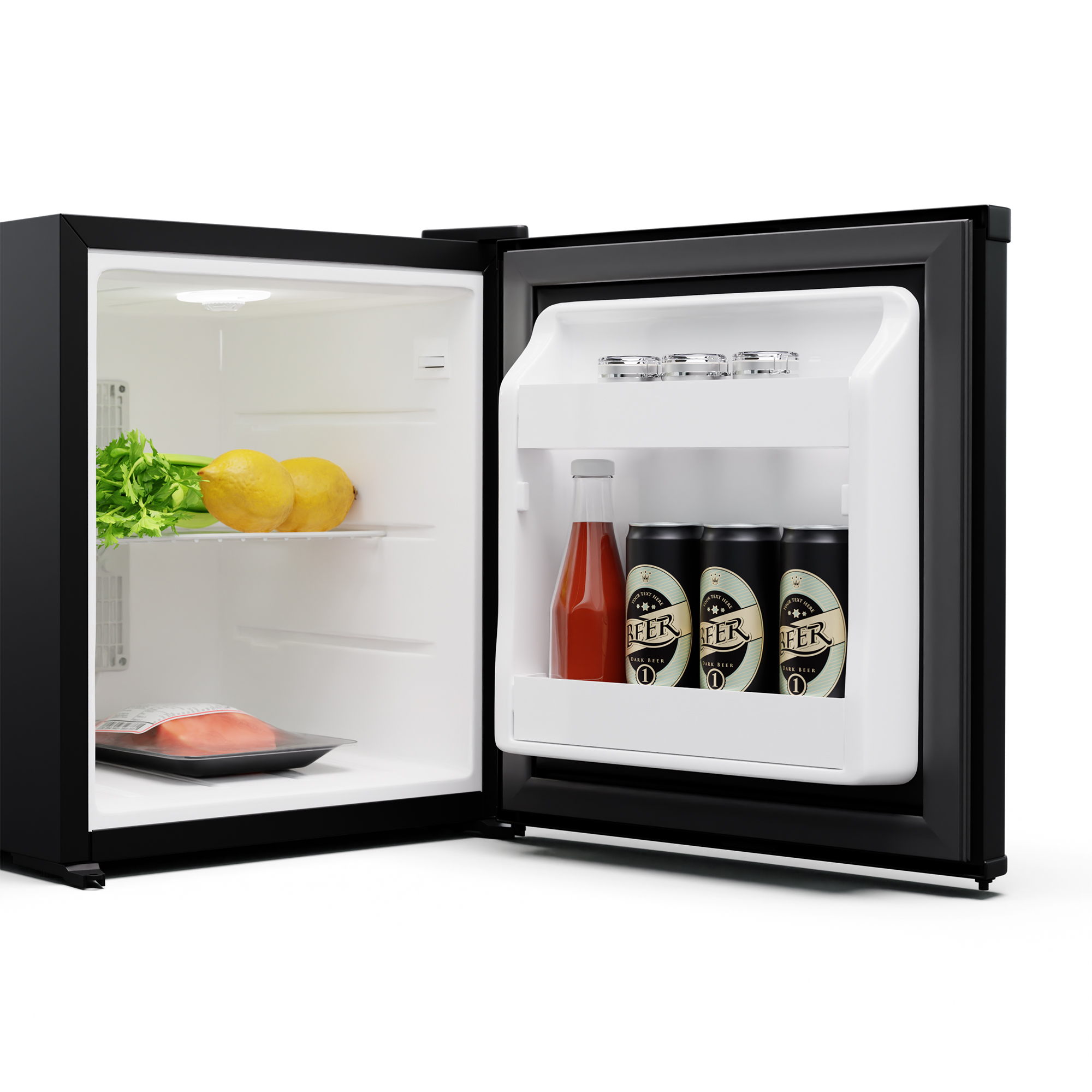 Un pequeño refrigerador negro con la puerta abierta. Contiene alimentos y bebidas.