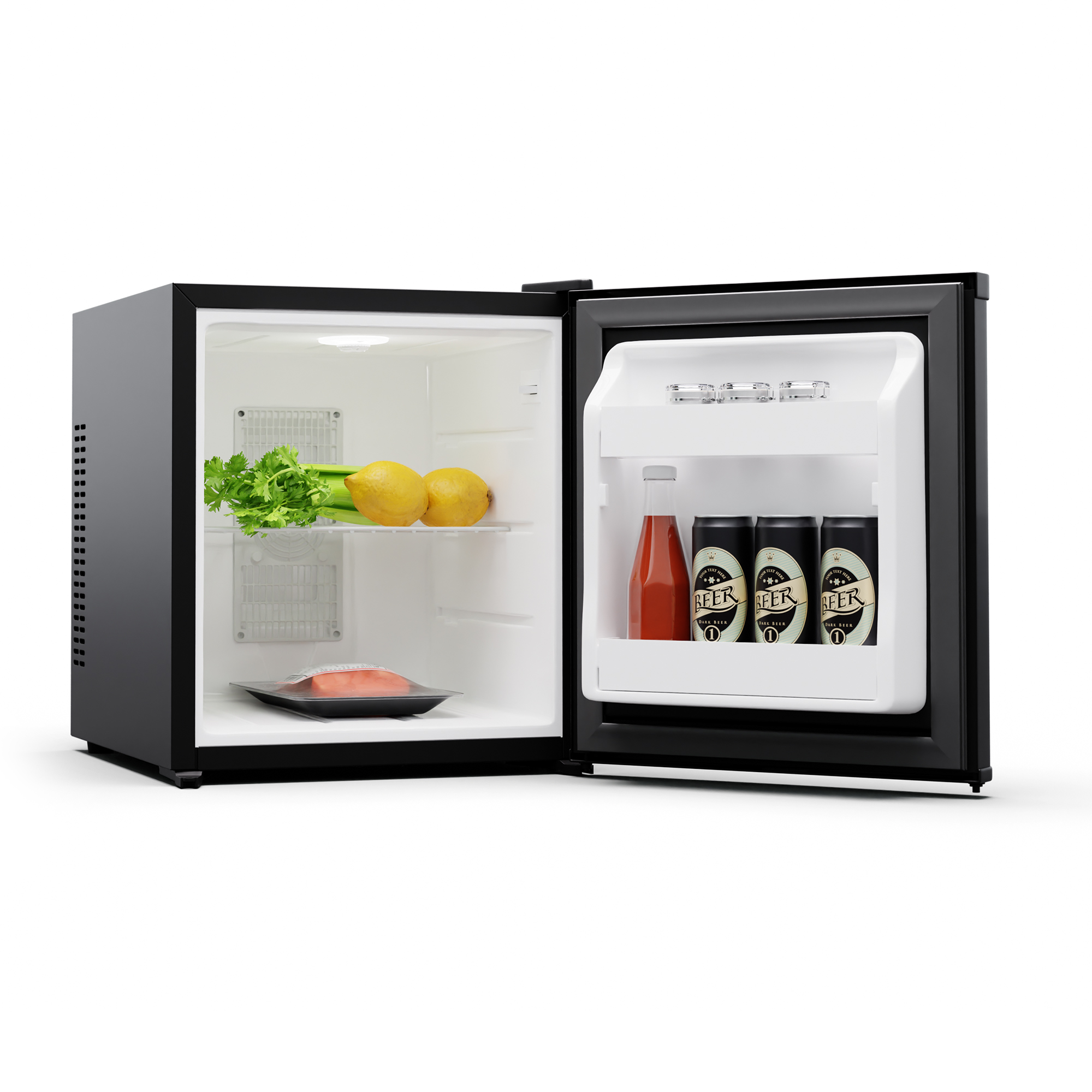 Una mini nevera con comida y bebidas en su interior. Está abierta, mostrando un estante con limones y un estante con cerveza.