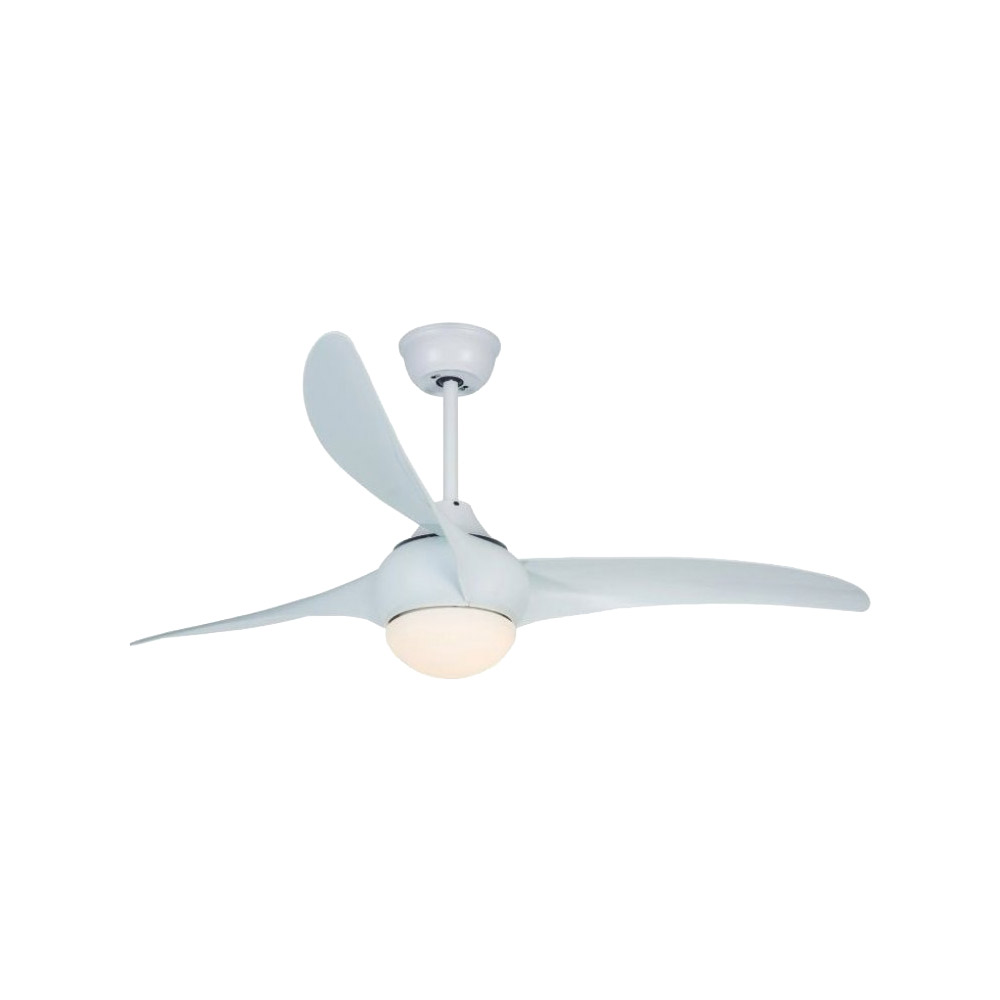 Ventilatore da soffitto bianco con tre pale curve e luce.