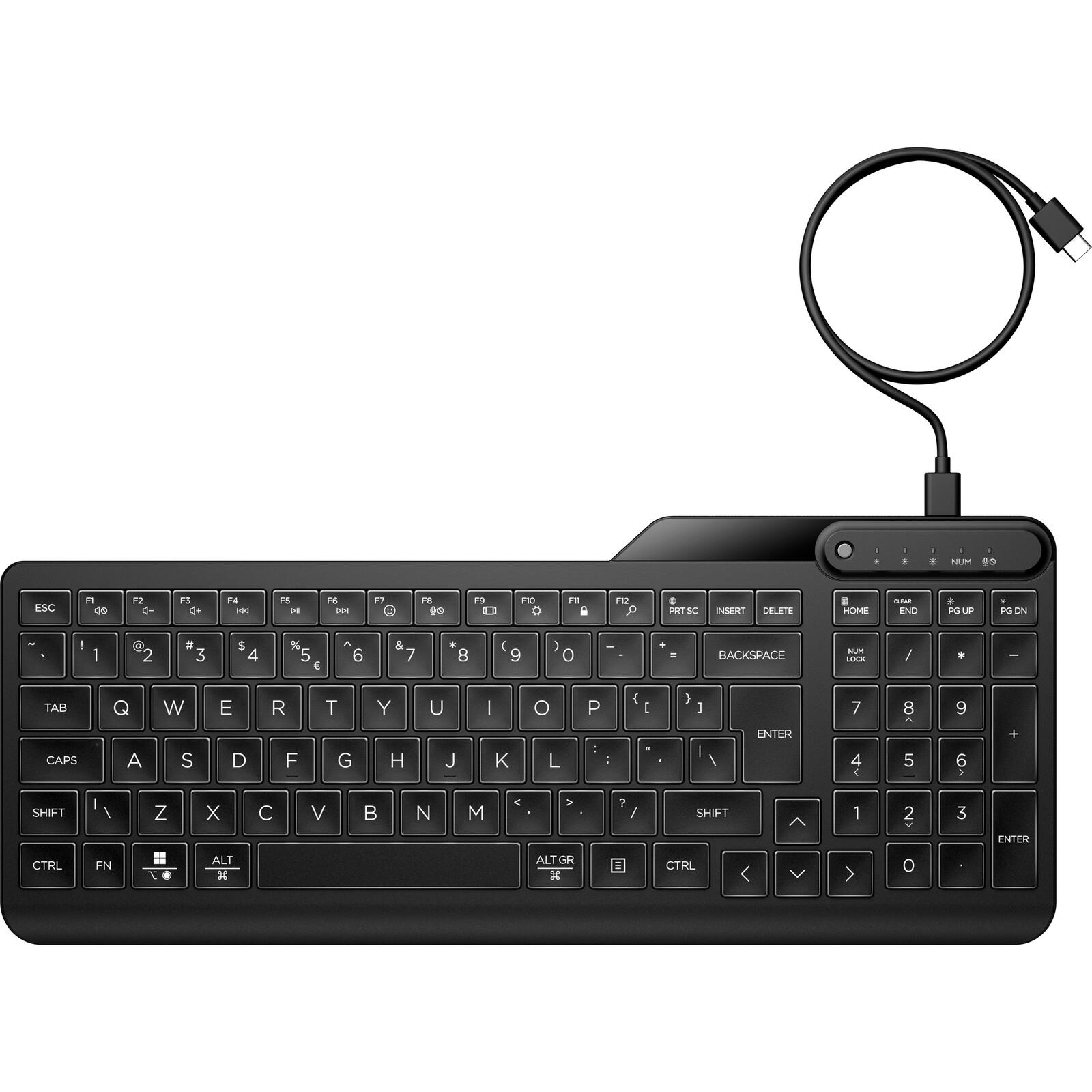Tastiera nera con tasti, cavo USB e pannello di controllo superiore.
