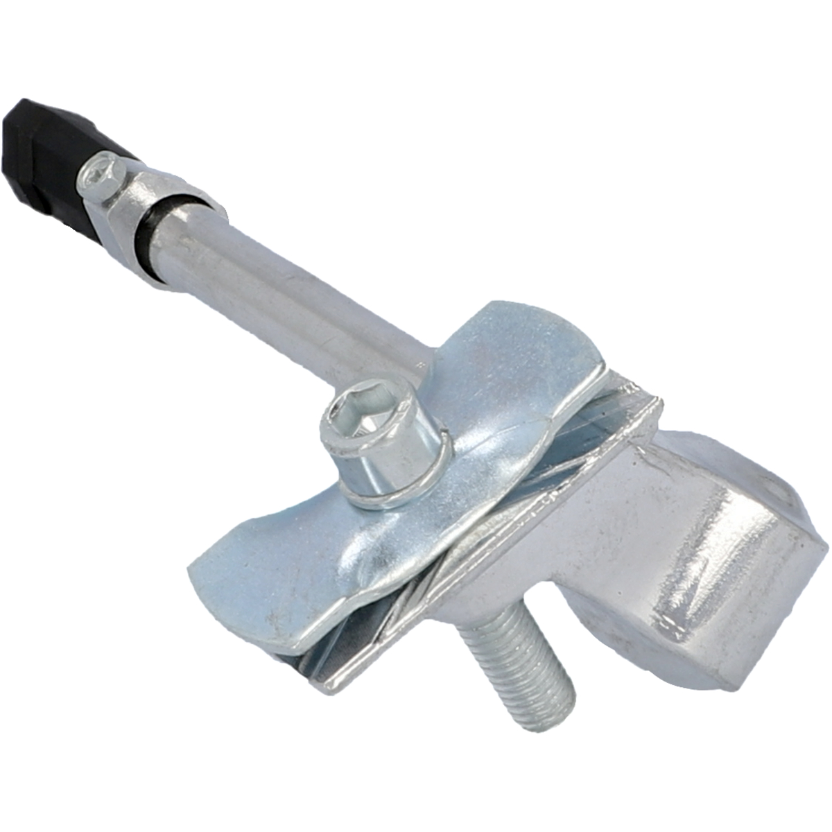 Ein Metallwerkzeug, bestehend aus einer Klemme und einem verstellbaren Arm mit einer Schraube. Isoliert auf weißem Hintergrund.