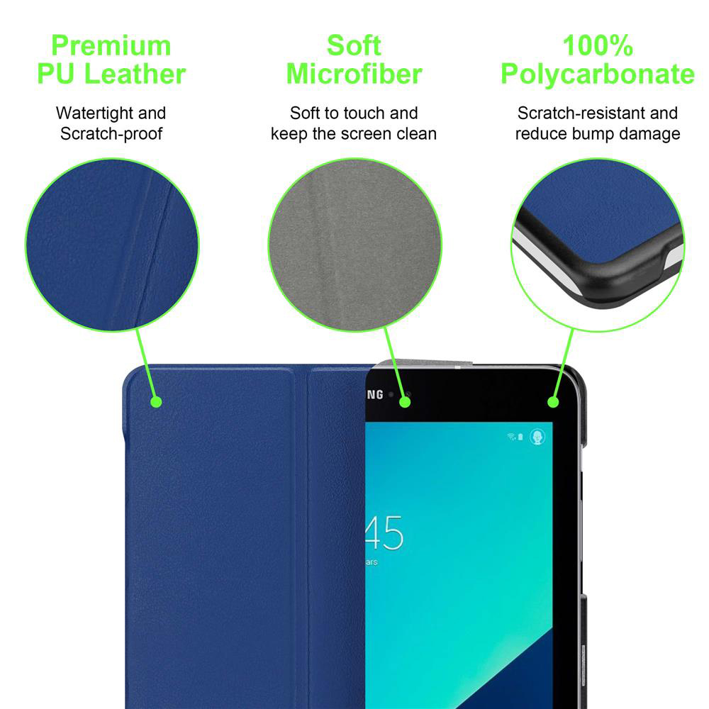 Blaue Tablethülle mit PU-Leder, Mikrofaser- und Polycarbonat-Details.