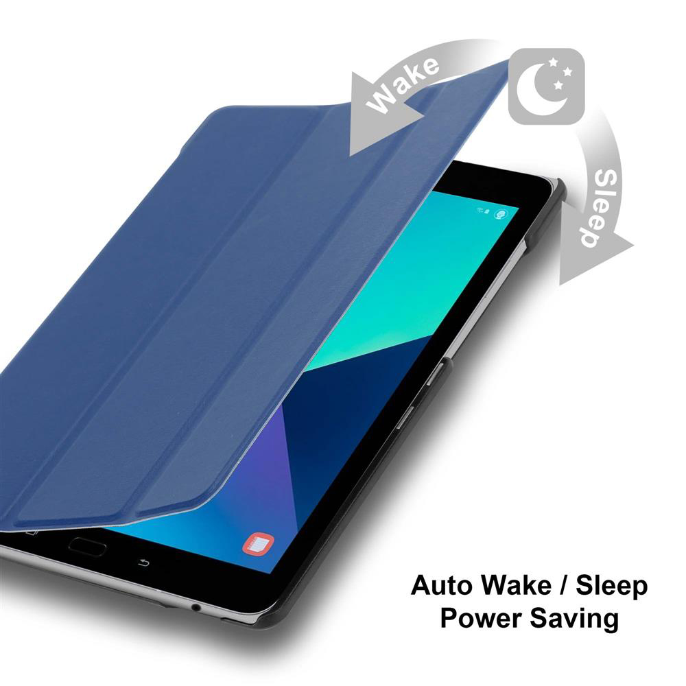 Blaue Tablethülle, geöffnet, um einen Tablet-Bildschirm freizugeben, mit Text 'Auto Wake/Sleep'.