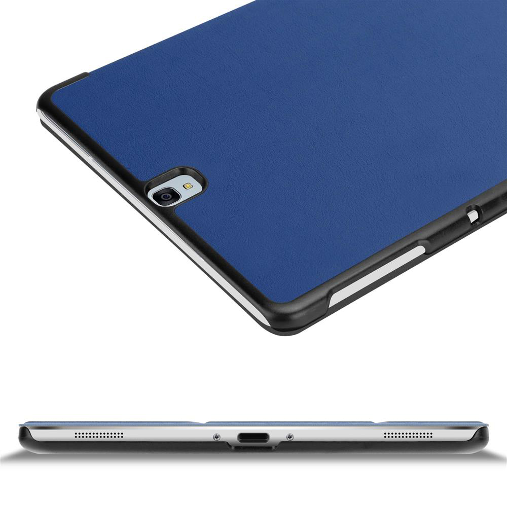 Blaue Tablet-Hülle, schwarzer Rahmen, Ansicht von oben und der Seite.