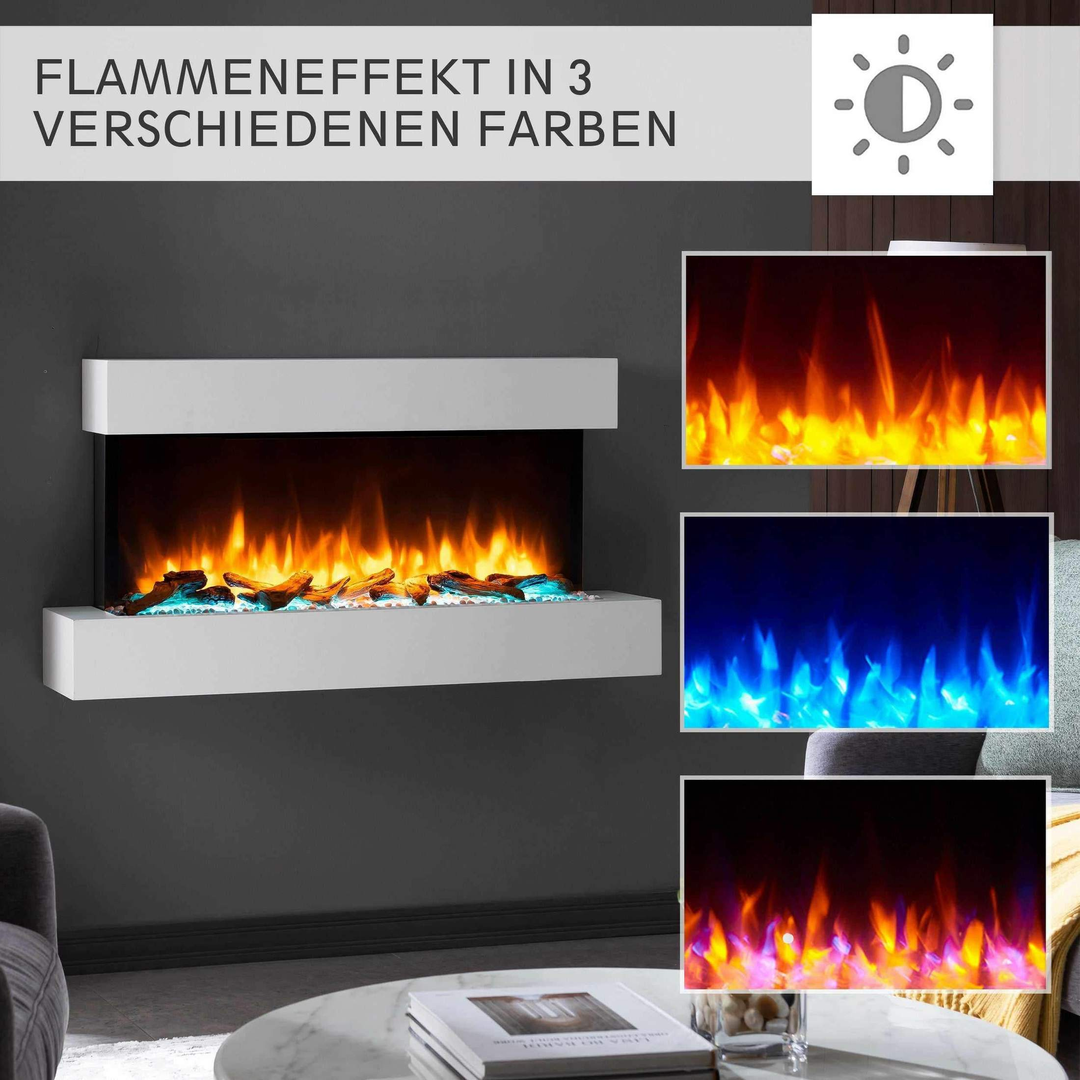 Elektrischer Kamin mit drei Flammenfarboptionen, die an einer grauen Wand angezeigt werden.