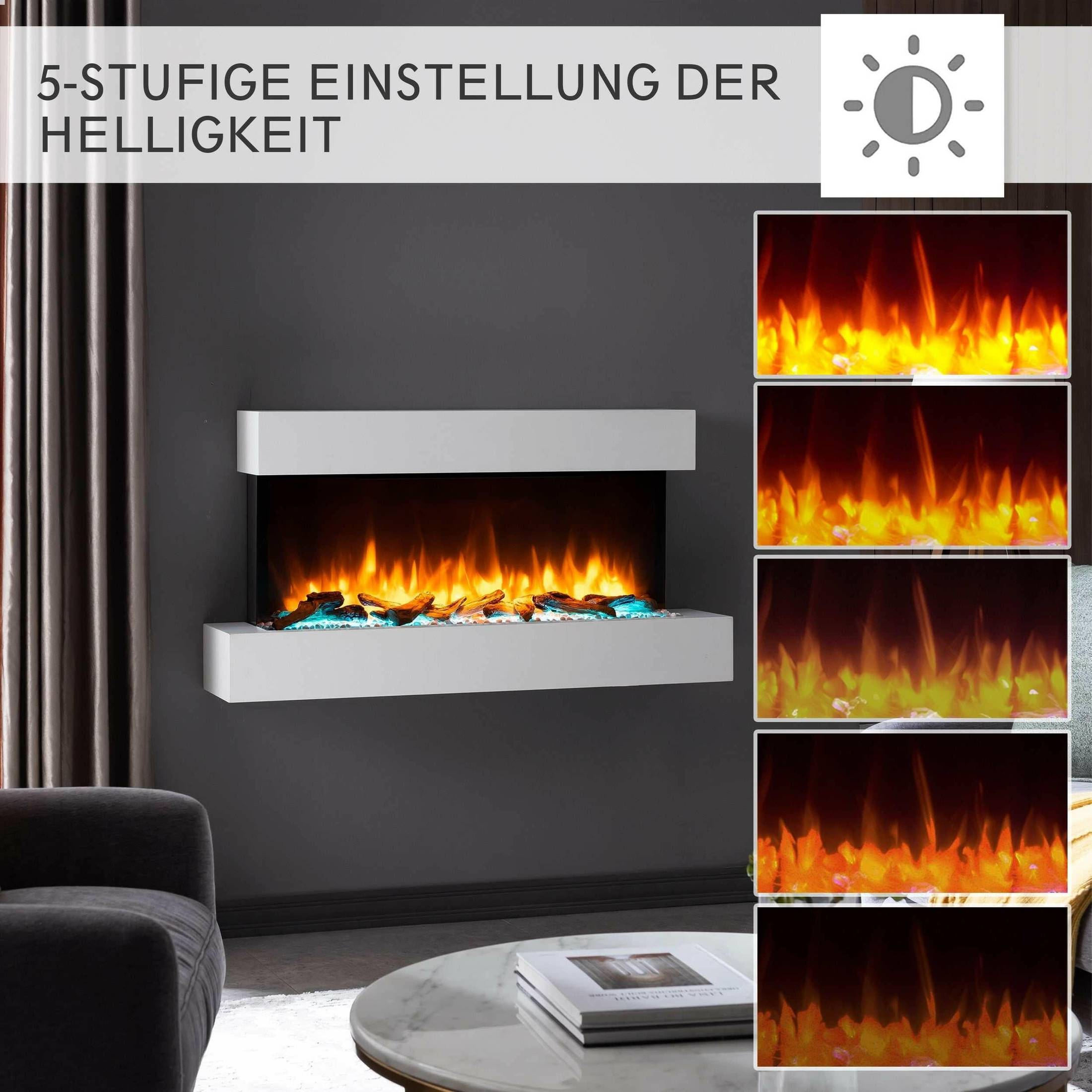 Eck-Elektrokamin mit orangefarbenen Flammen. Fünf Helligkeitseinstellungen gezeigt. Weißer Mantel, dunkelgraue Wand.