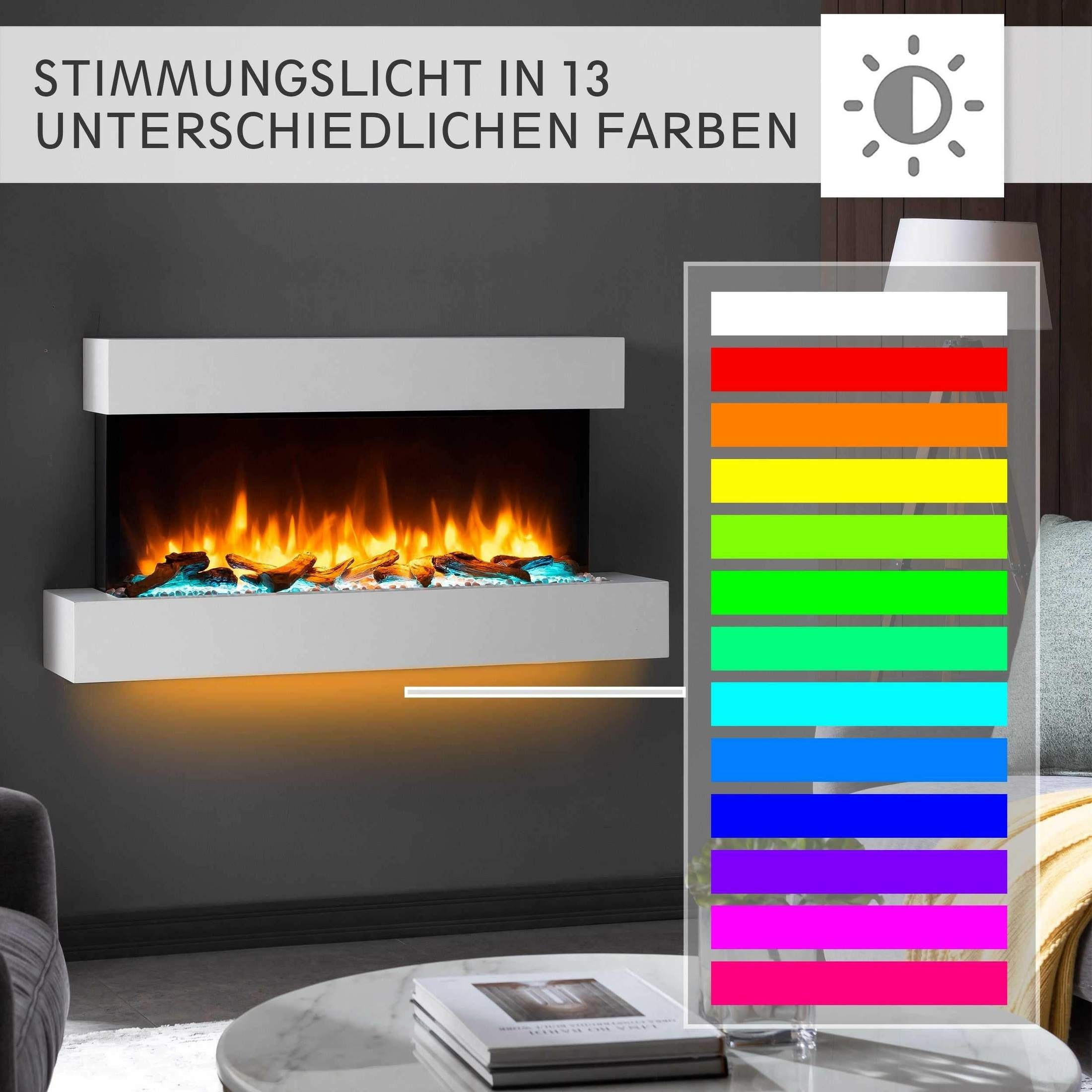Elektrischer Eckkamin mit bunten Flammen und Licht. 13 verschiedene Farboptionen werden angezeigt.