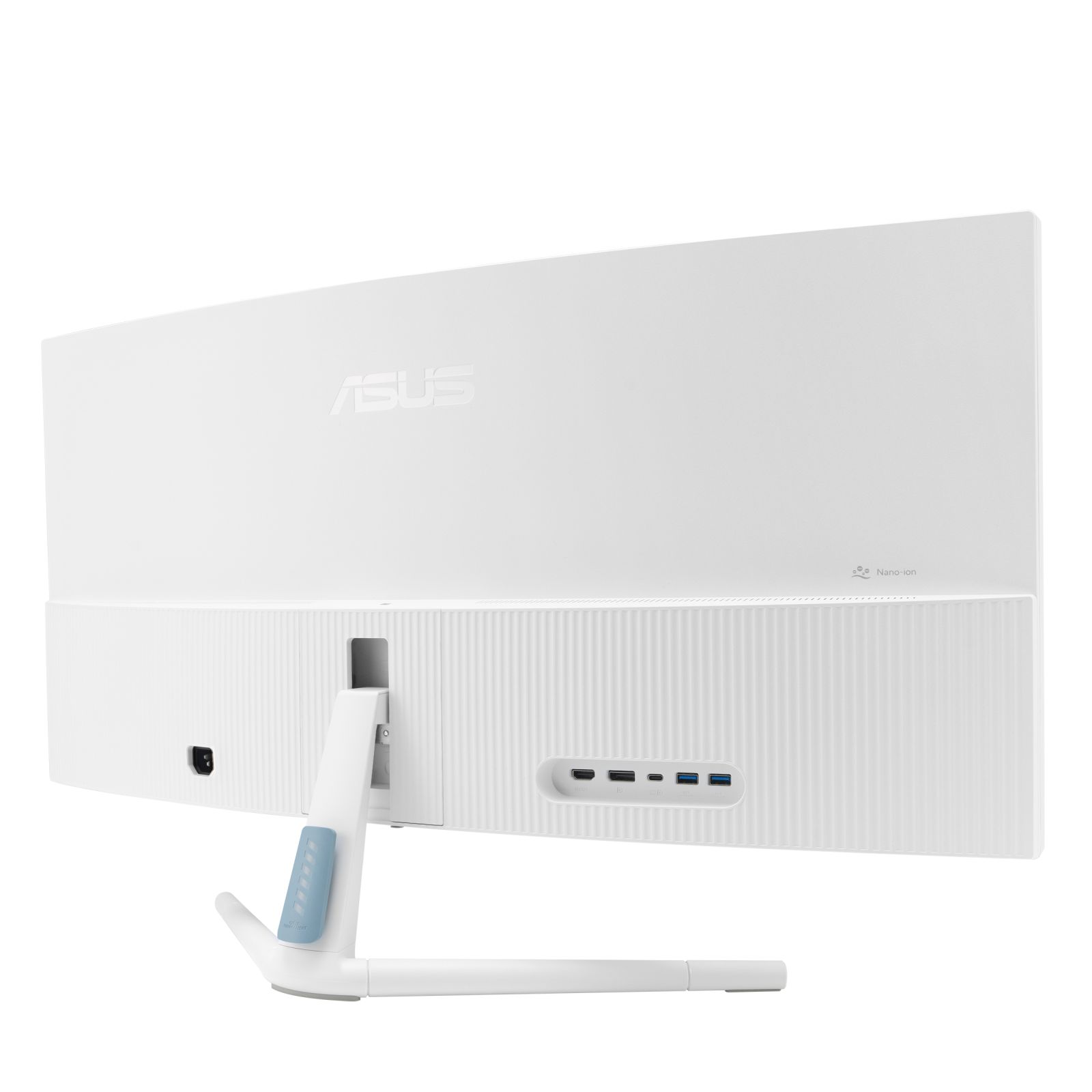 Tył białego monitora z portami i podstawką. Widoczne logo ASUS. Białe tło.