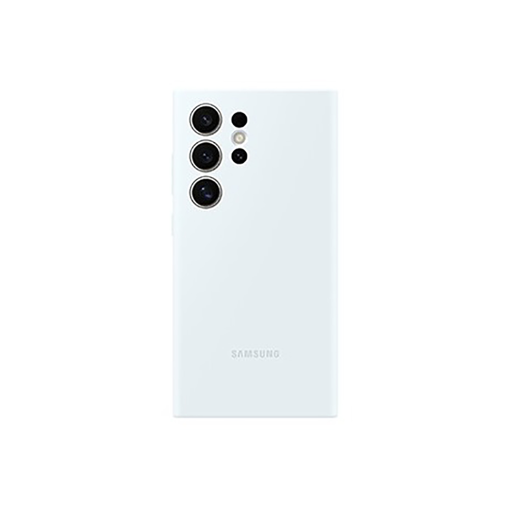 Een witte telefoonhoes voor een Samsung-telefoon met drie cameralenzen, op een witte achtergrond.