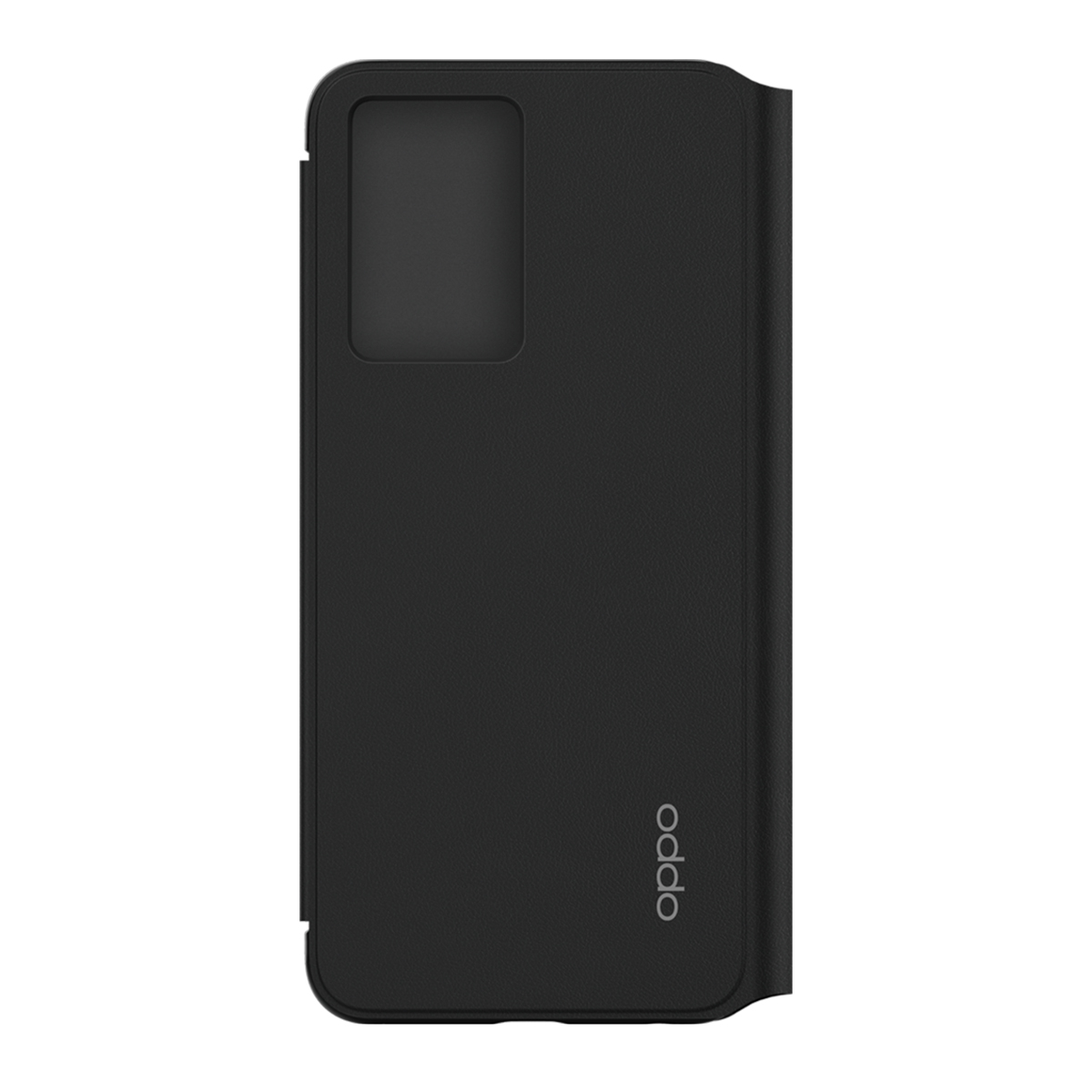 Una custodia per telefono nera con il logo Oppo, chiusa, con vista laterale, su sfondo bianco.